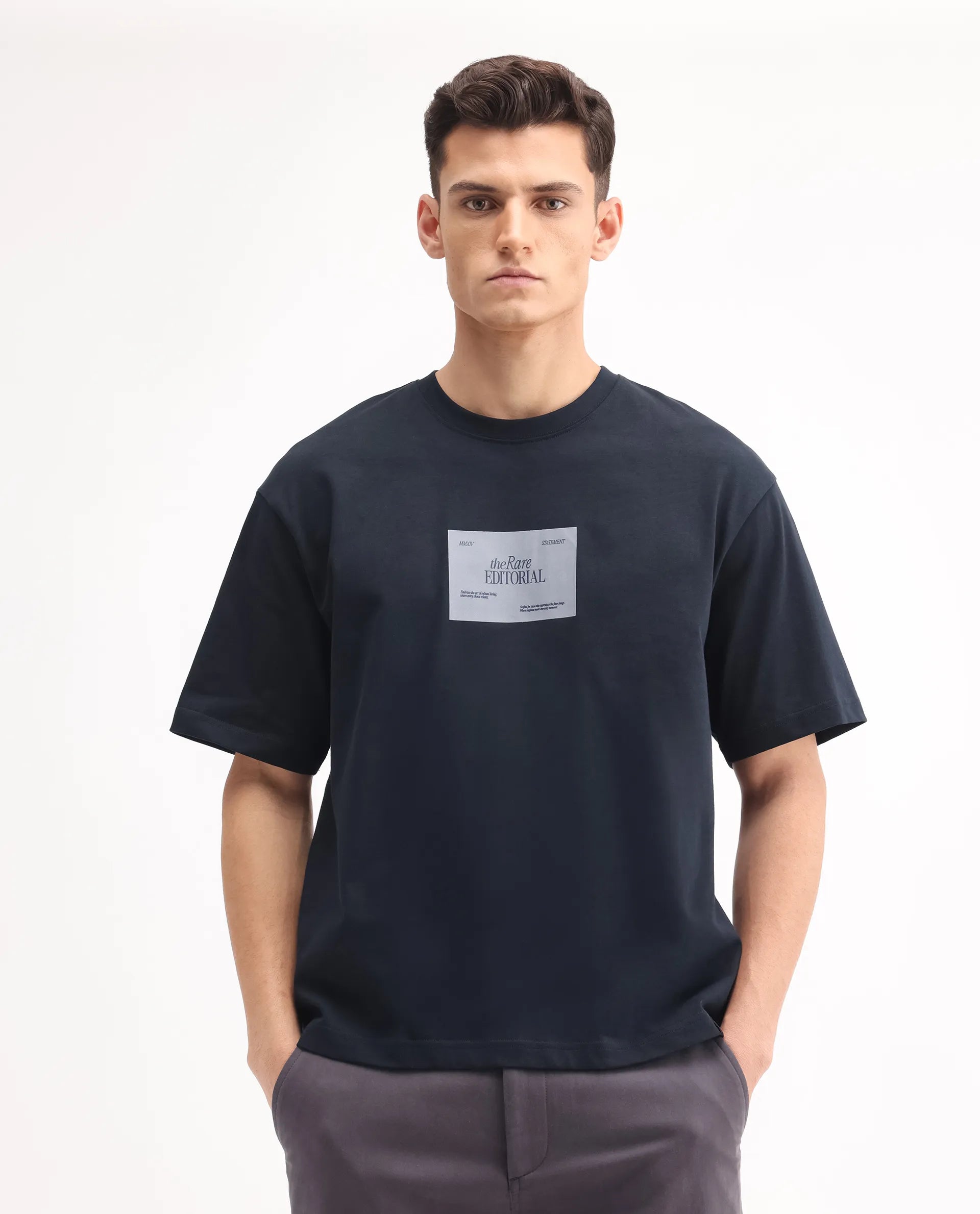 Rare Rabbit Men's Justin Navy Cotton Graphic Print Oversized Fit Half Sleeve Crew Neck T-Shirt