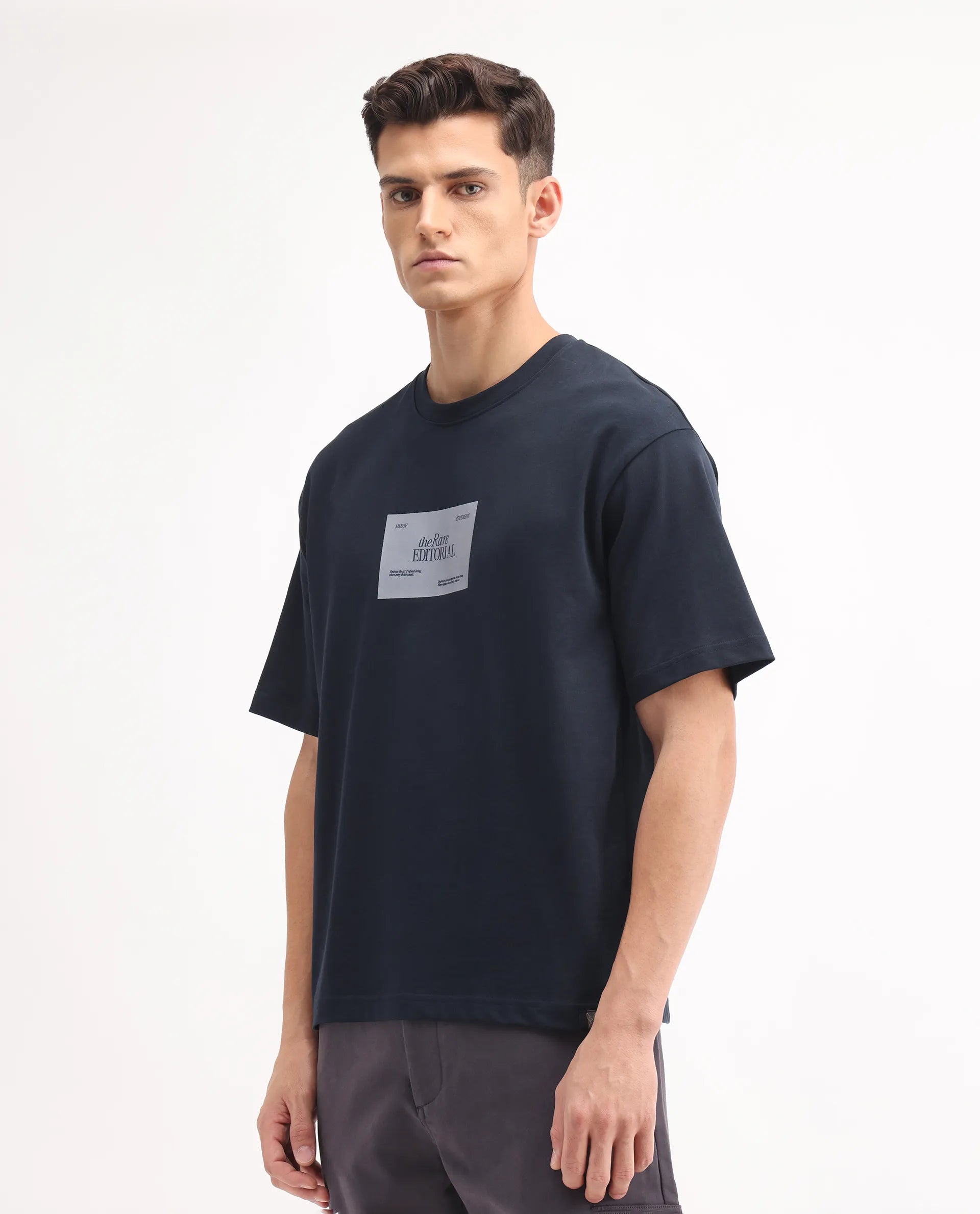 Rare Rabbit Men's Justin Navy Cotton Graphic Print Oversized Fit Half Sleeve Crew Neck T-Shirt