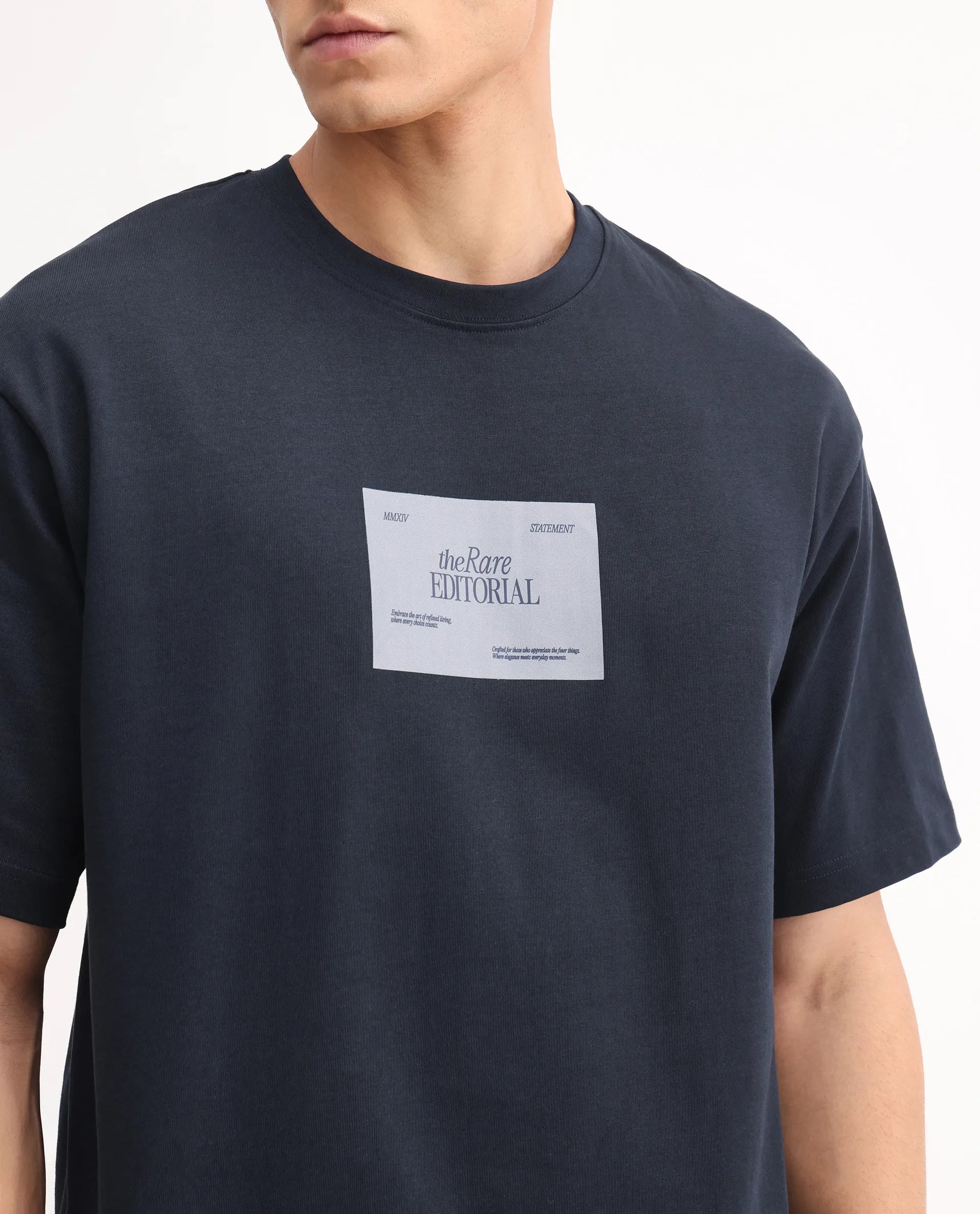 Rare Rabbit Men's Justin Navy Cotton Graphic Print Oversized Fit Half Sleeve Crew Neck T-Shirt