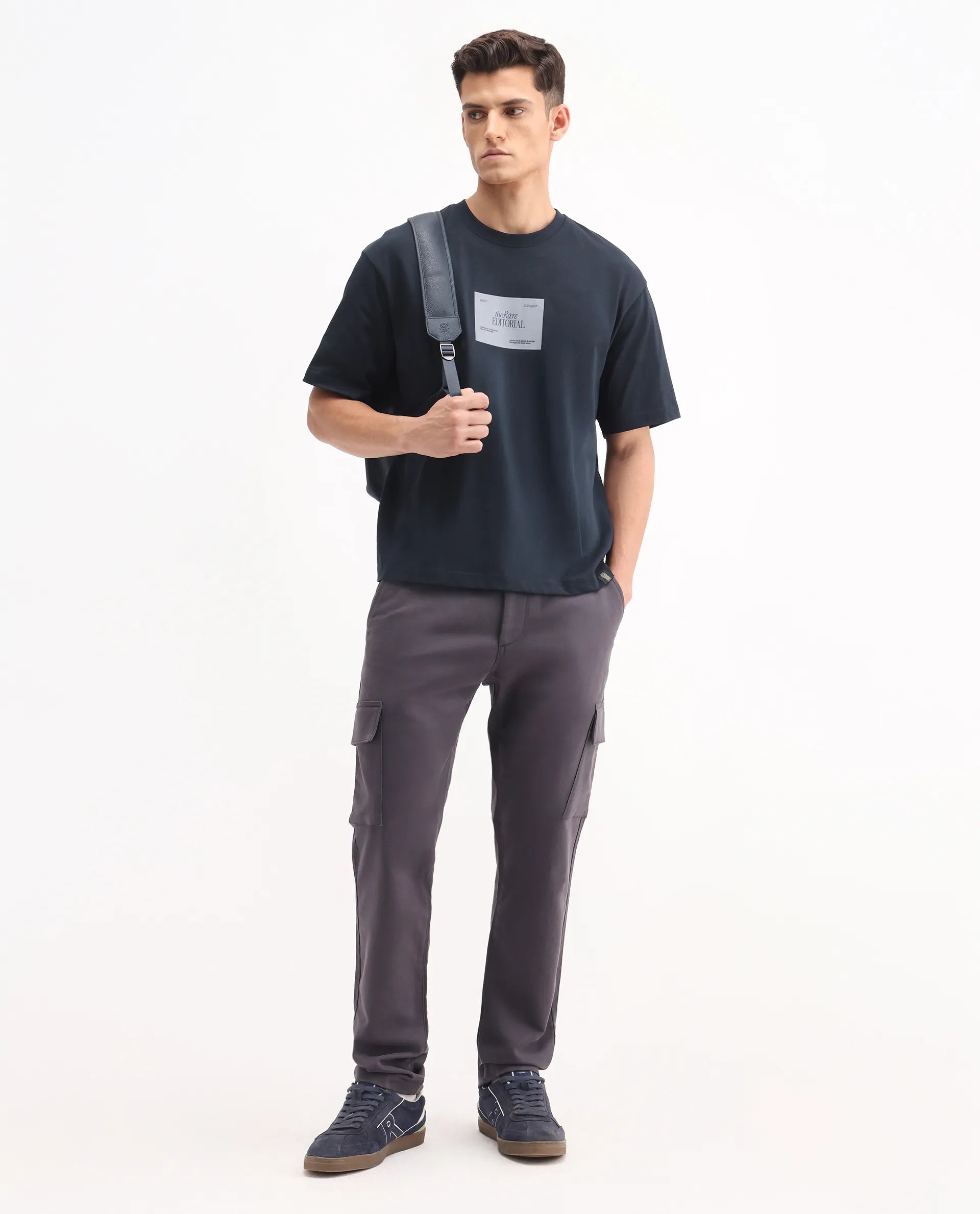 Rare Rabbit Men's Justin Navy Cotton Graphic Print Oversized Fit Half Sleeve Crew Neck T-Shirt