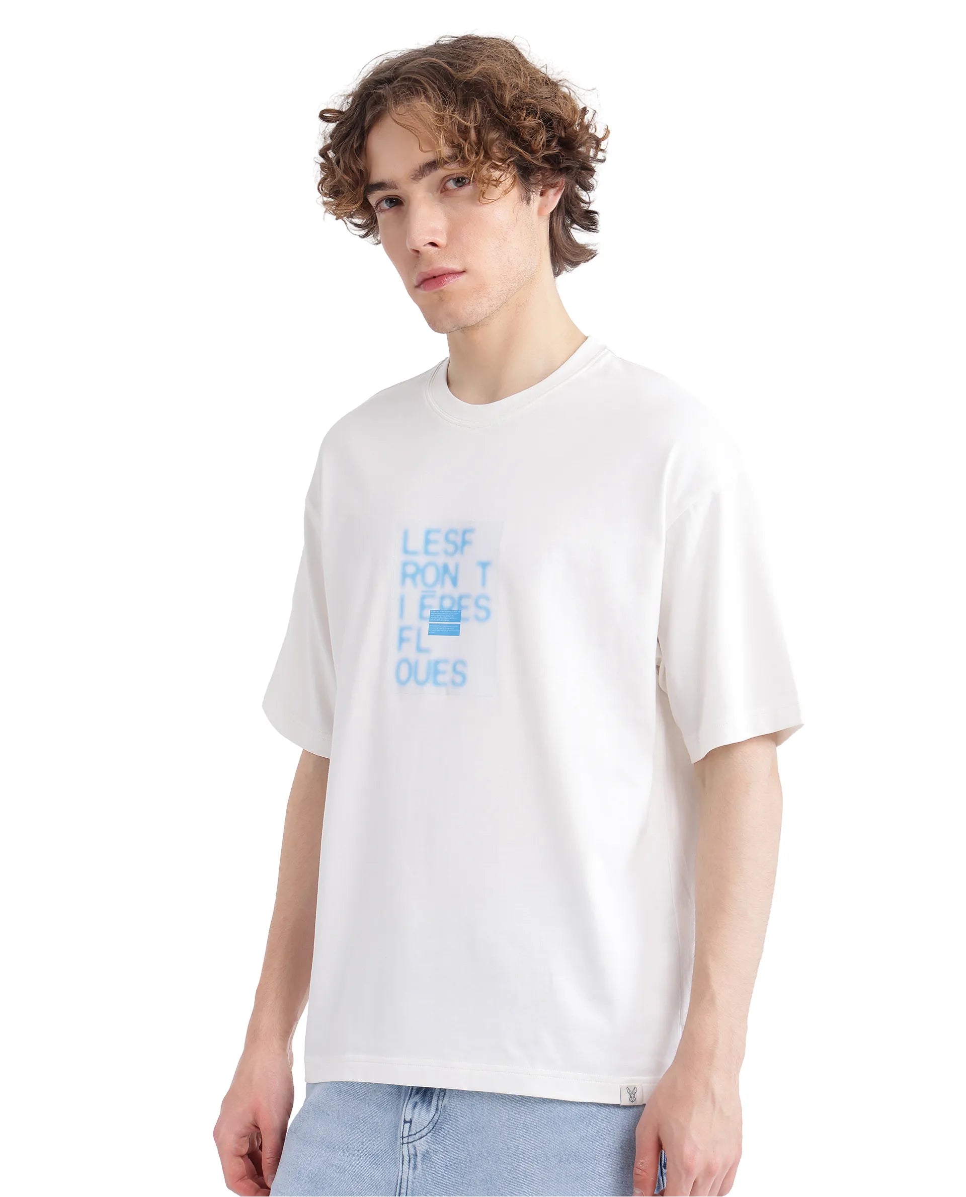 Rare Rabbit Men Justin Off White Cotton Fabric Short Sleeve Crew Neck Graphic Print T-Shirt