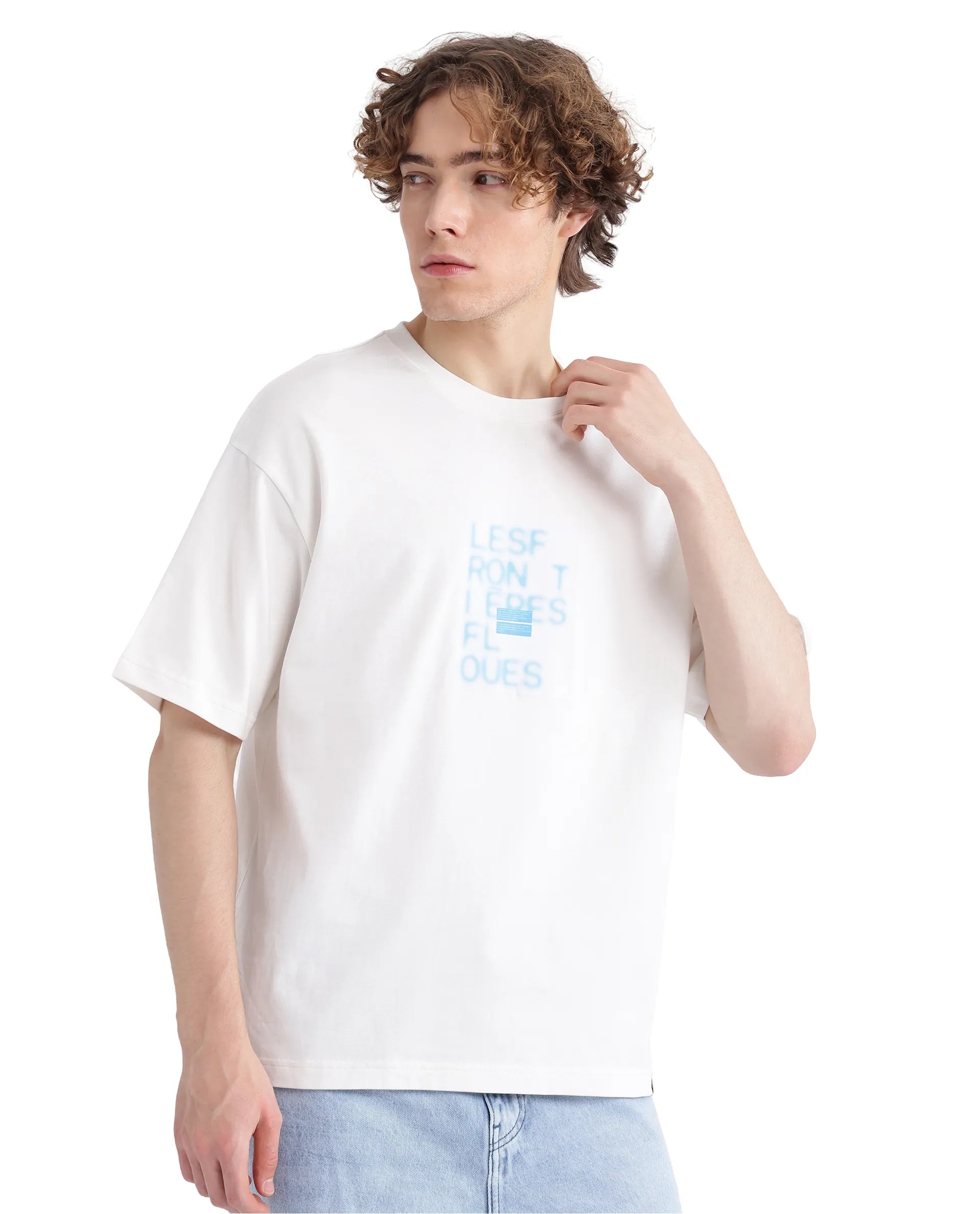 Rare Rabbit Men Justin Off White Cotton Fabric Short Sleeve Crew Neck Graphic Print T-Shirt