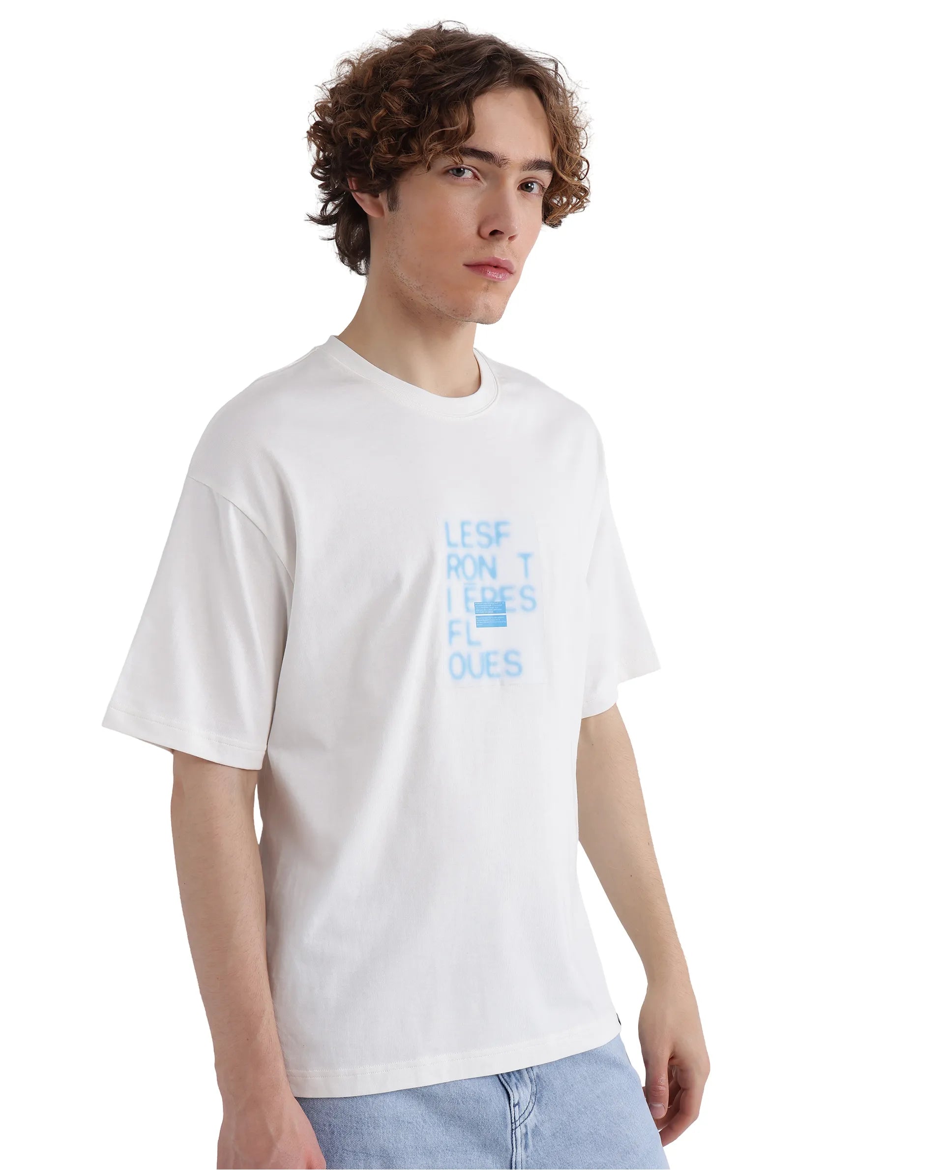 Rare Rabbit Men Justin Off White Cotton Fabric Short Sleeve Crew Neck Graphic Print T-Shirt