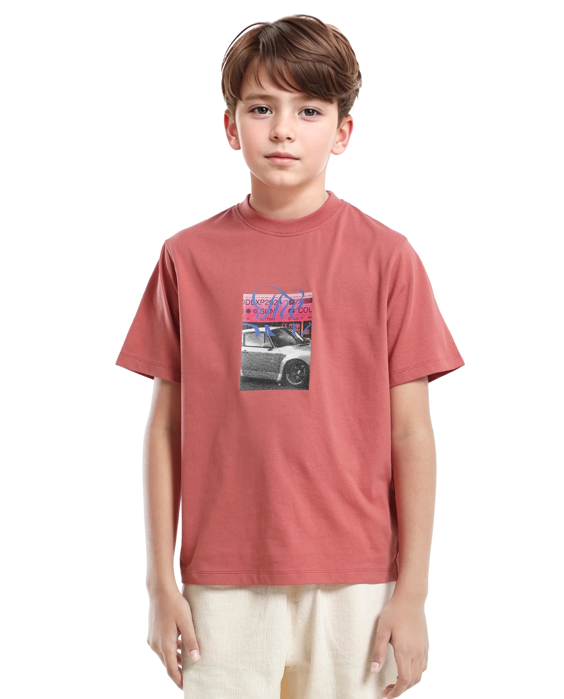 Rare Ones Kids Just-K Light Red Cotton Solid Slip-On Regular Fit T-Shirt