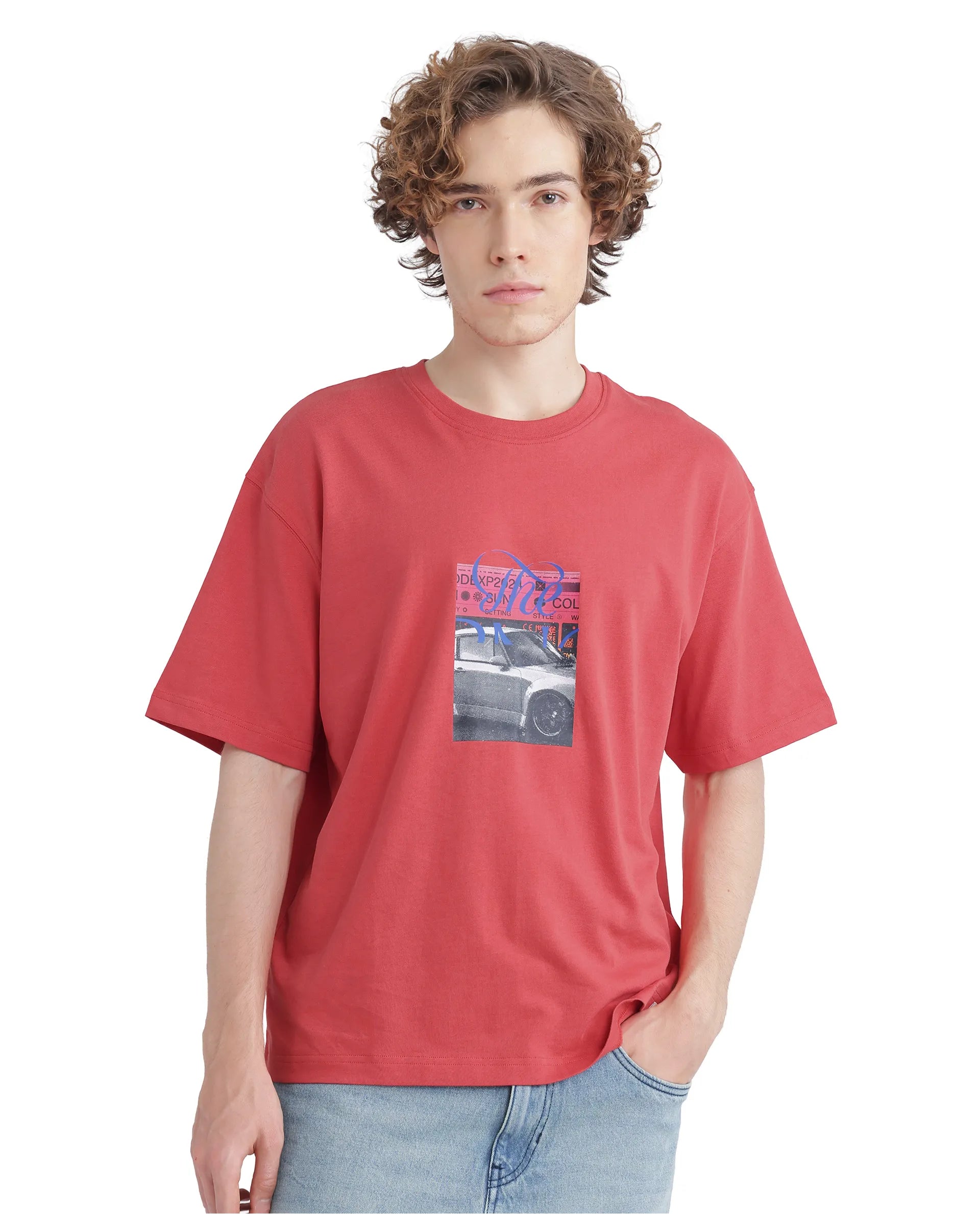 Rare Rabbit Men Just Light Red Cotton Fabric Short Sleeve Crew Neck Boxy Fit Graphic Print T-Shirt