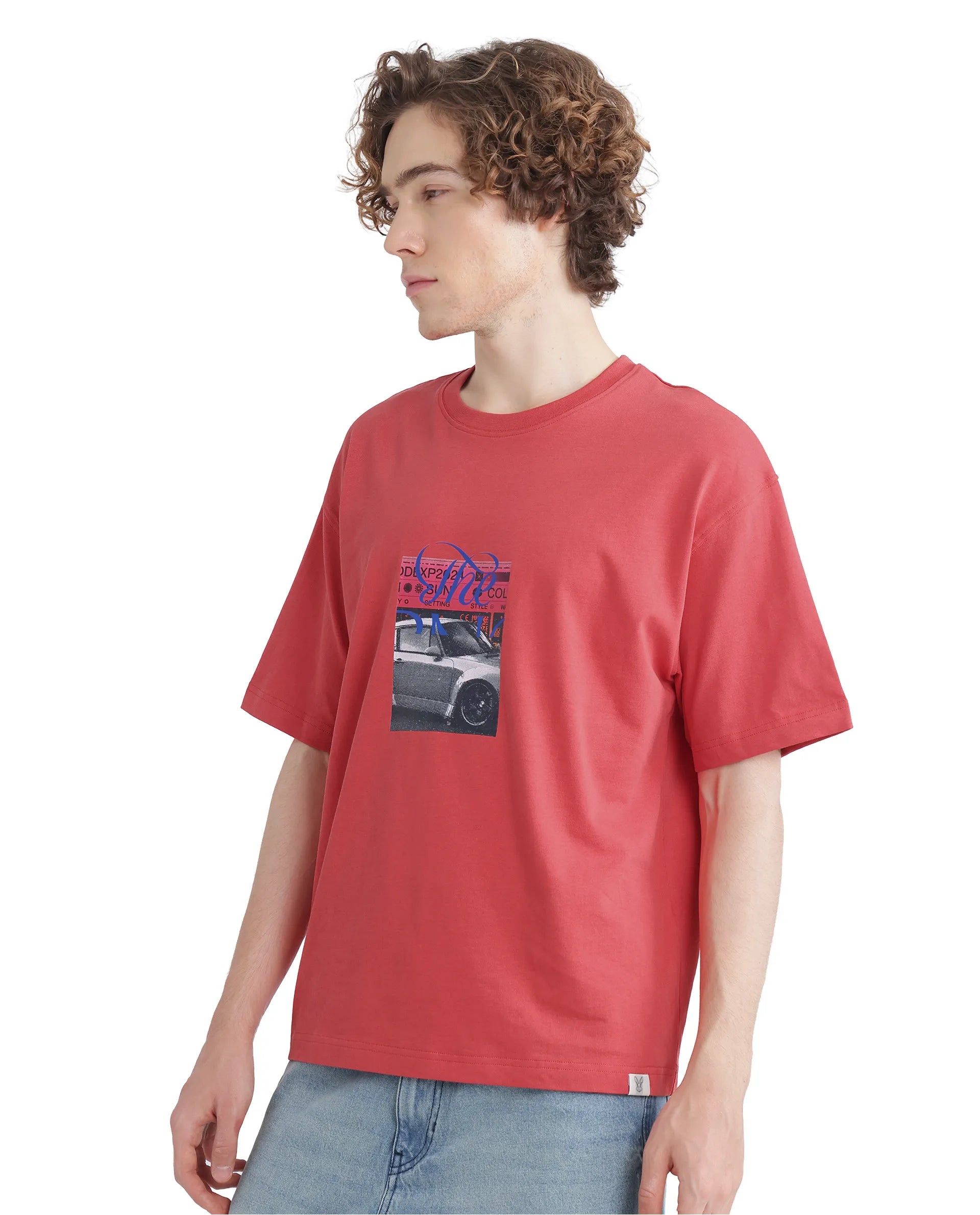 Rare Rabbit Men Just Light Red Cotton Fabric Short Sleeve Crew Neck Boxy Fit Graphic Print T-Shirt