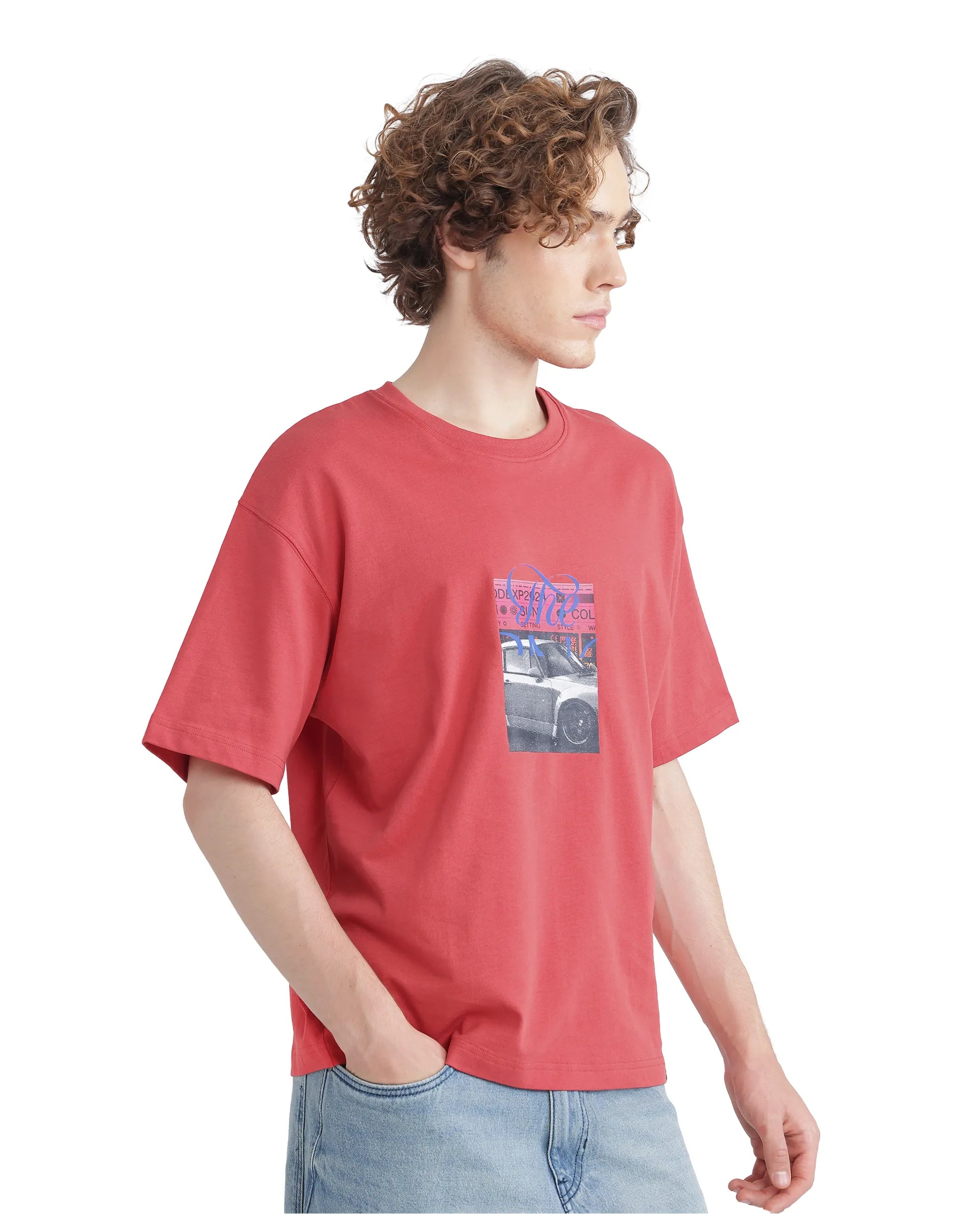 Rare Rabbit Men Just Light Red Cotton Fabric Short Sleeve Crew Neck Boxy Fit Graphic Print T-Shirt