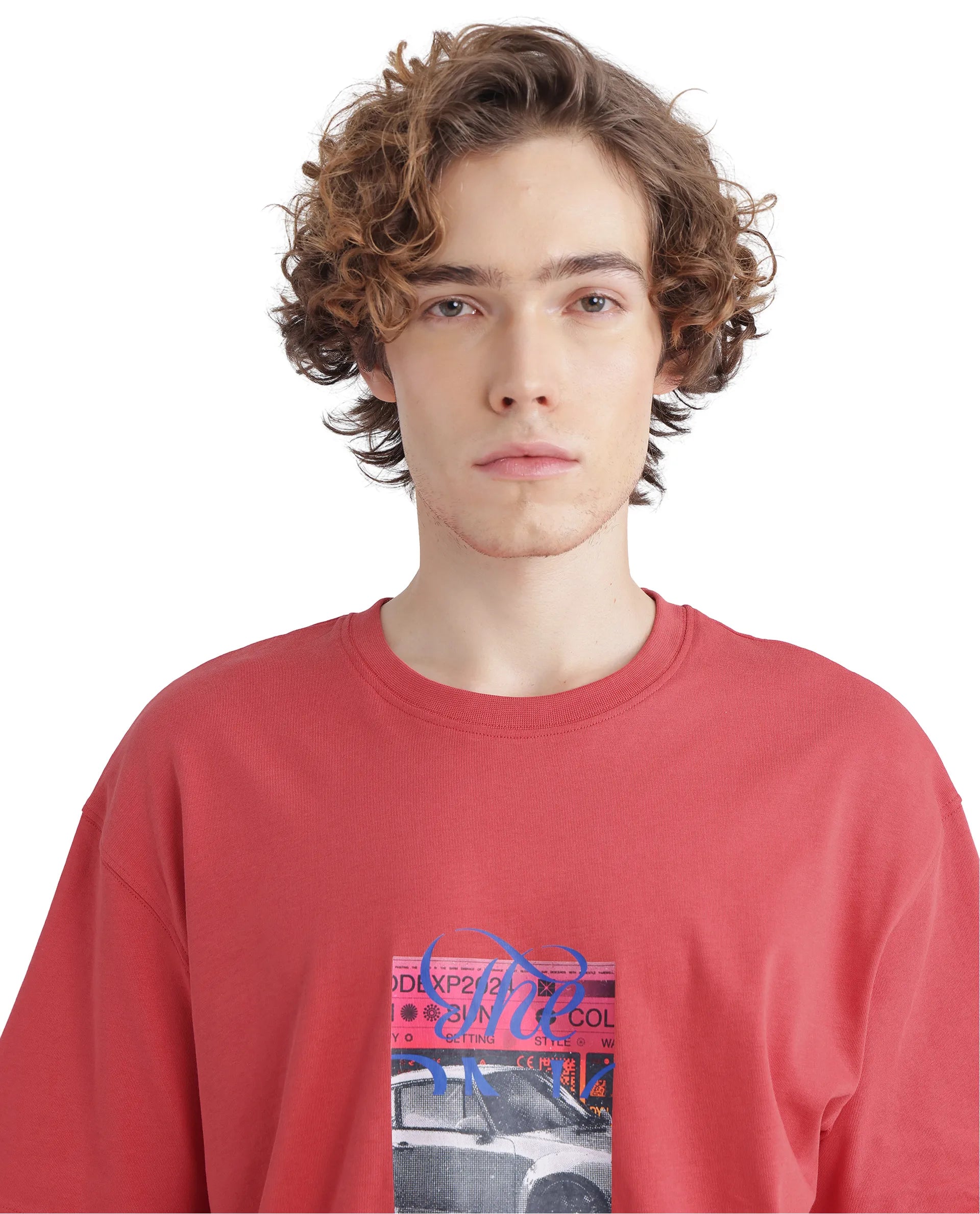 Rare Rabbit Men Just Light Red Cotton Fabric Short Sleeve Crew Neck Boxy Fit Graphic Print T-Shirt