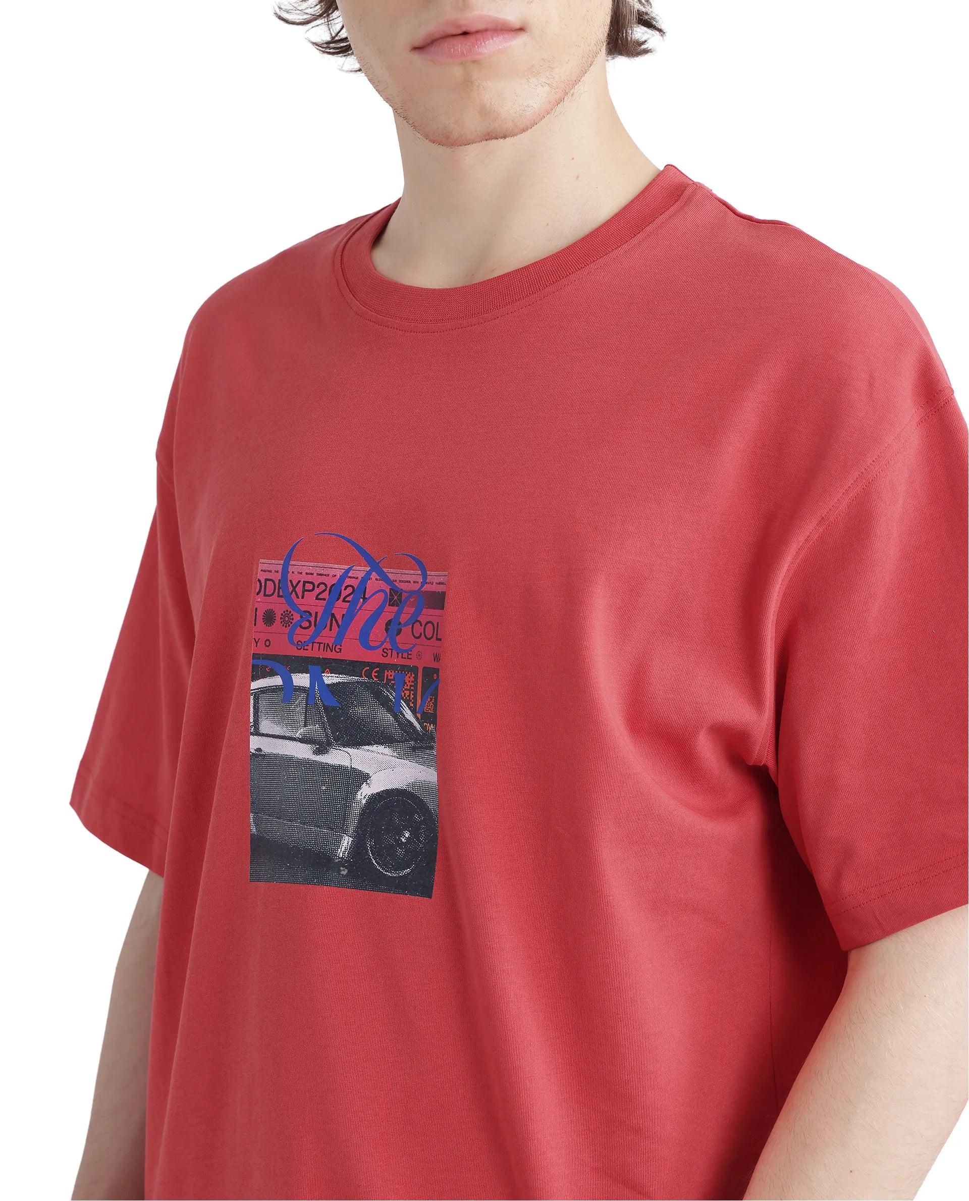 Rare Rabbit Men Just Light Red Cotton Fabric Short Sleeve Crew Neck Boxy Fit Graphic Print T-Shirt