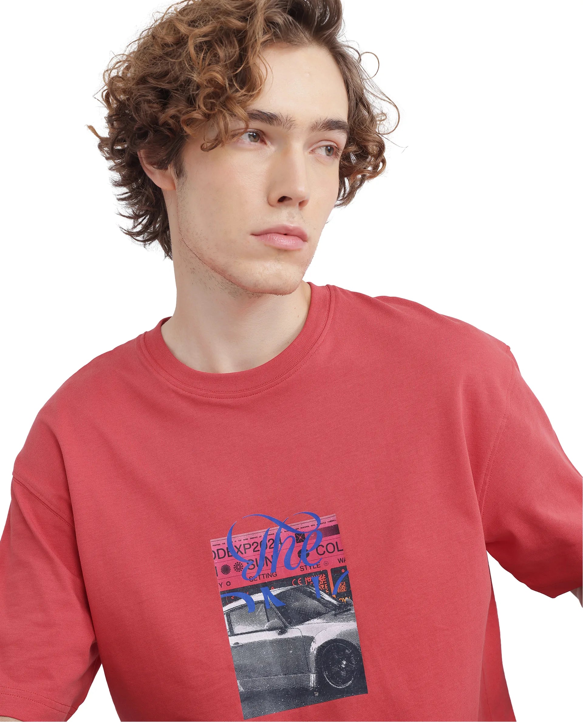 Rare Rabbit Men Just Light Red Cotton Fabric Short Sleeve Crew Neck Boxy Fit Graphic Print T-Shirt