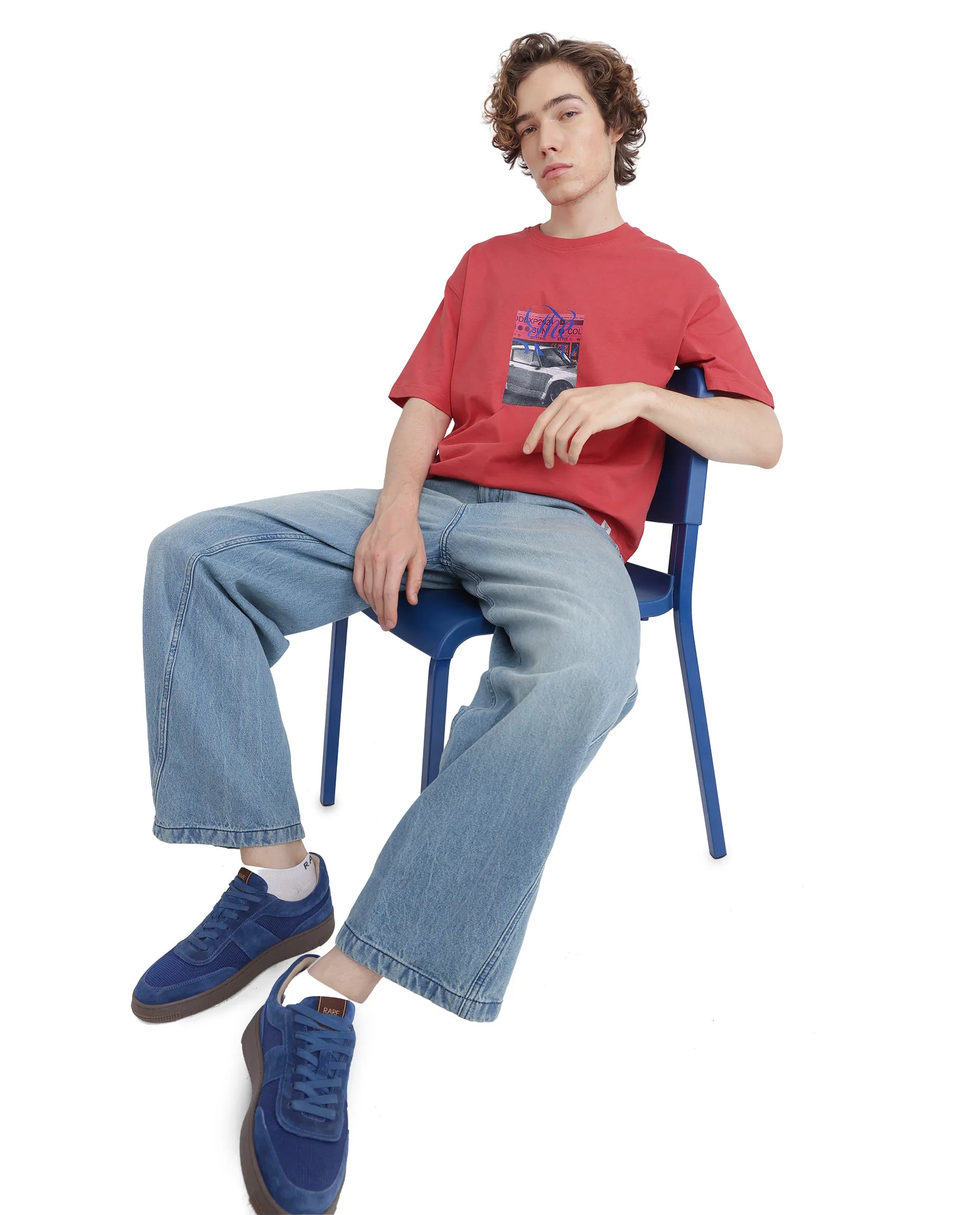 Rare Rabbit Men Just Light Red Cotton Fabric Short Sleeve Crew Neck Boxy Fit Graphic Print T-Shirt