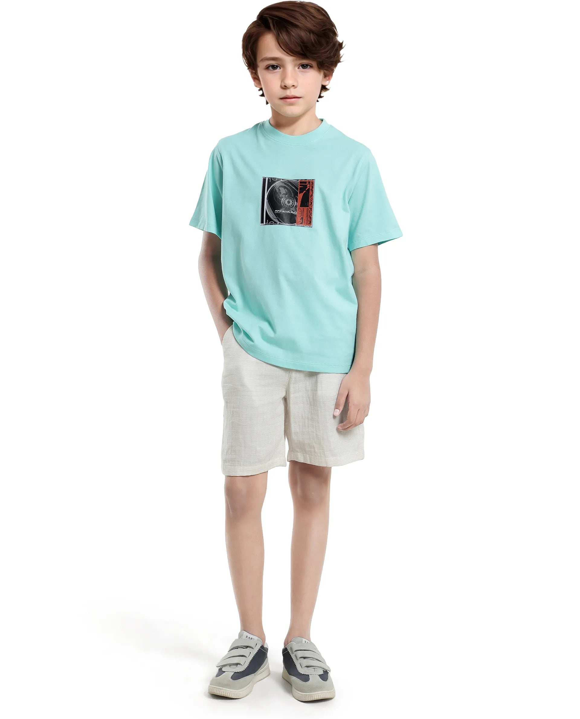 Rare Ones Kids Justr-K Pastel Turq Cotton Graphic Printed Slip-On Regular Fit T-Shirt