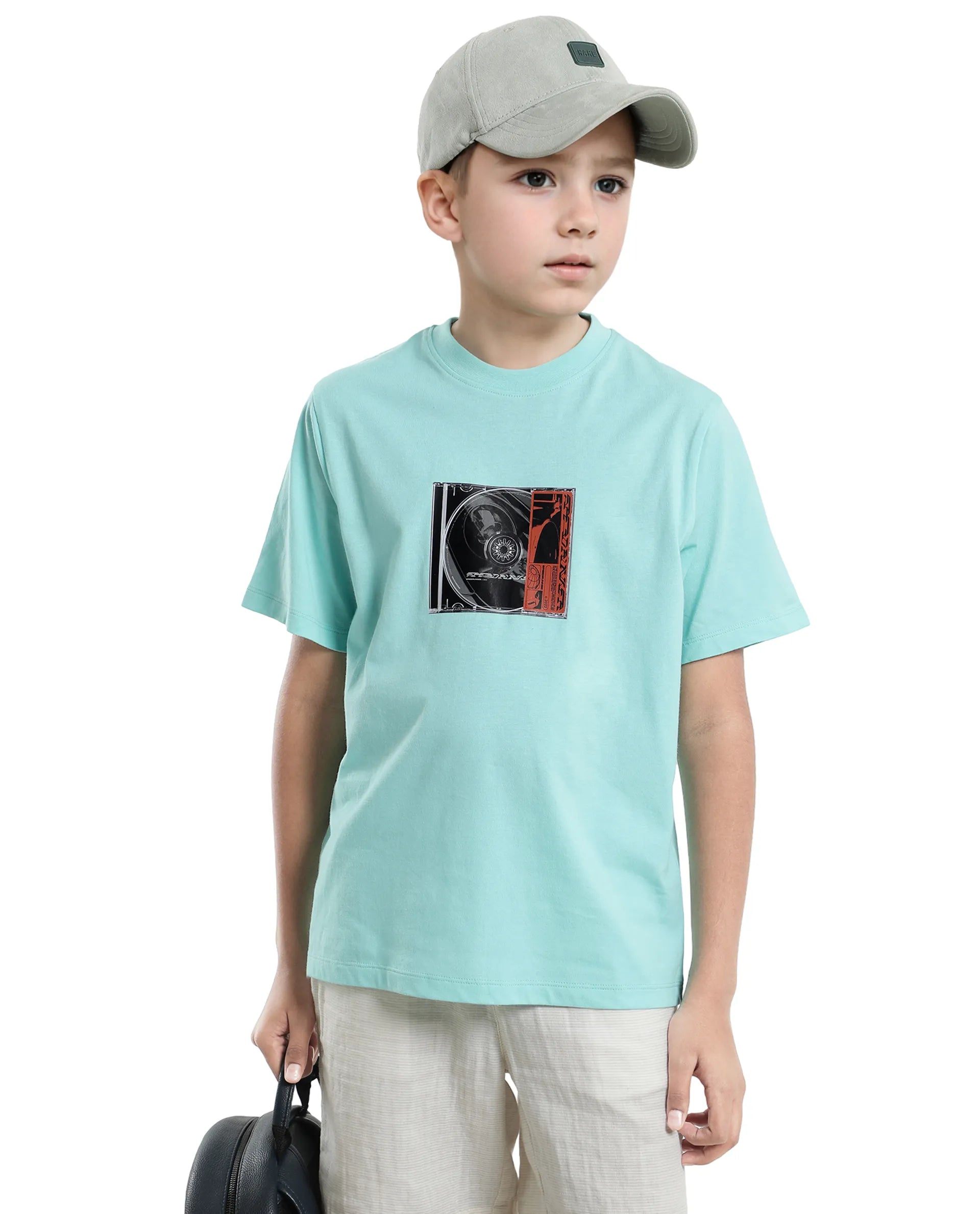 Rare Ones Kids Justr-K Pastel Turq Cotton Graphic Printed Slip-On Regular Fit T-Shirt