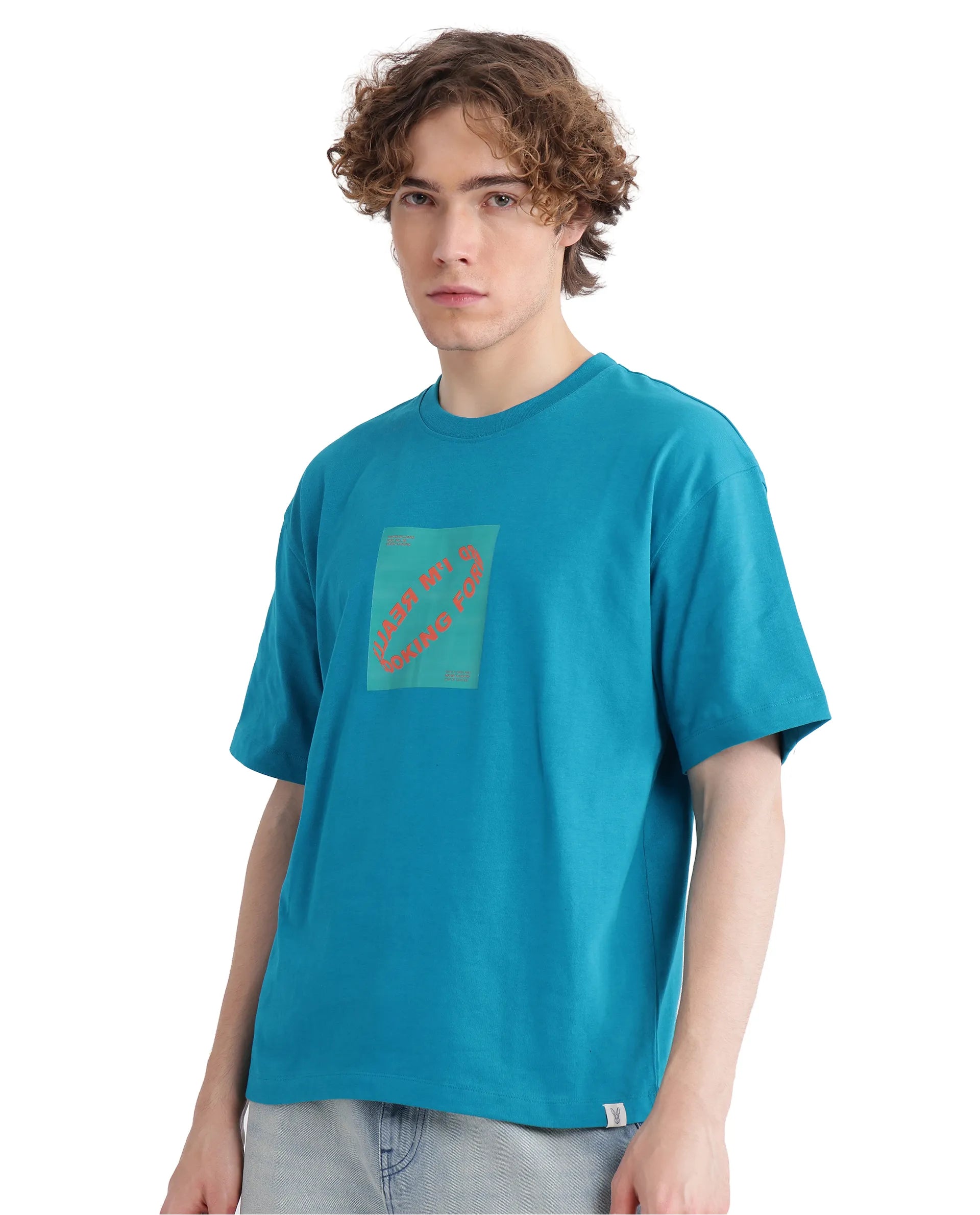 Rare Rabbit Men Just Teal Cotton Fabric Short Sleeve Crew Neck Graphic Print T-Shirt