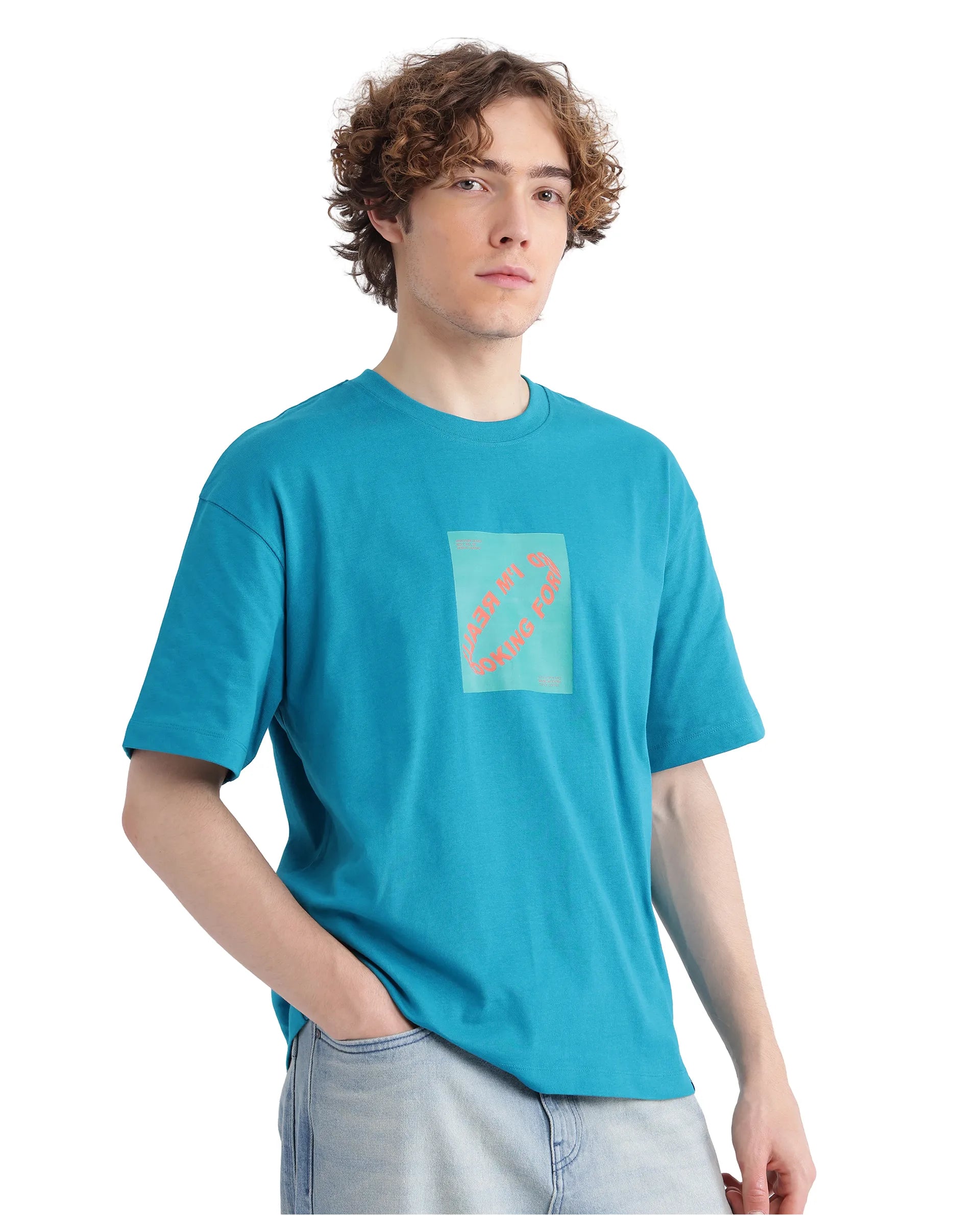 Rare Rabbit Men Just Teal Cotton Fabric Short Sleeve Crew Neck Graphic Print T-Shirt