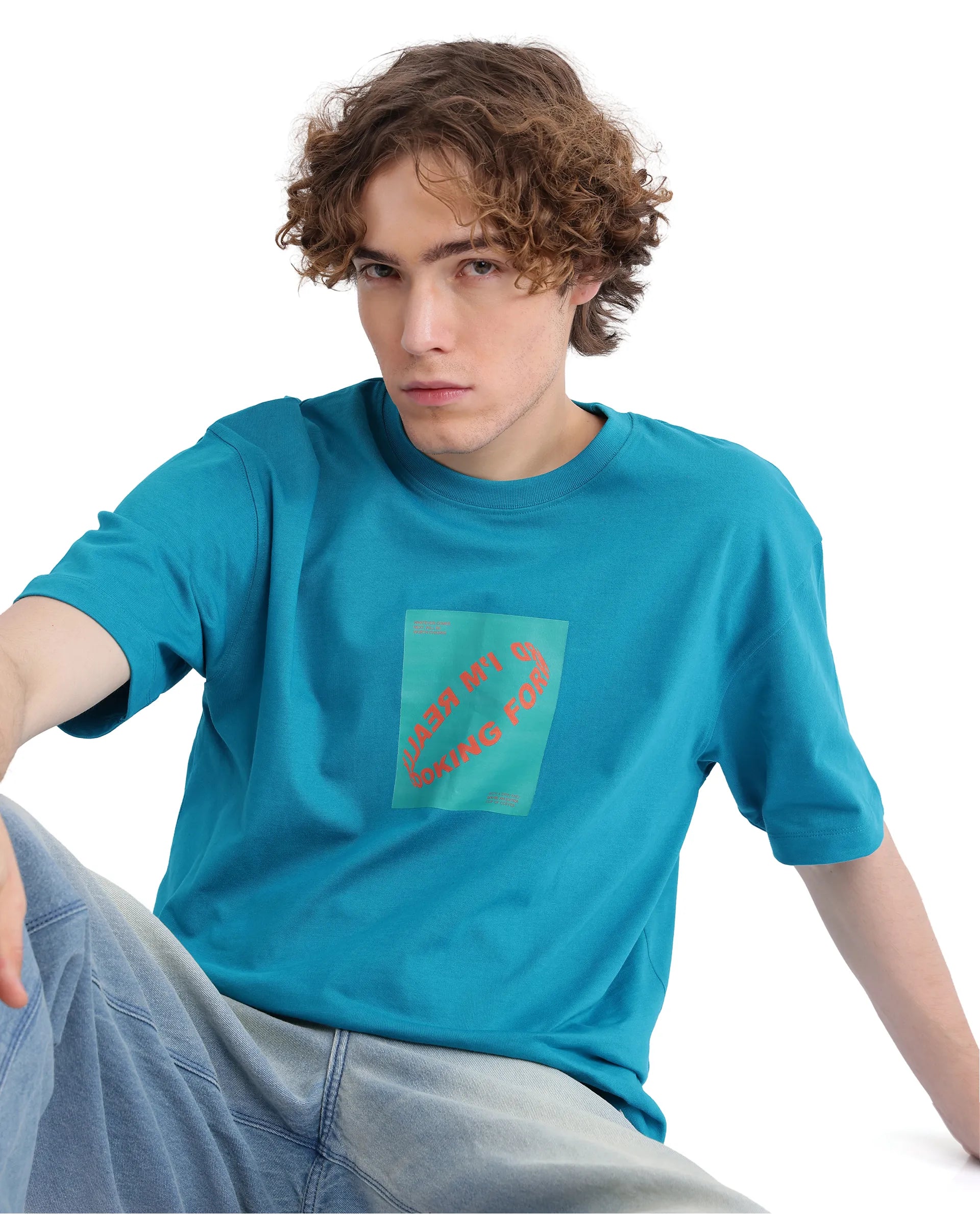 Rare Rabbit Men Just Teal Cotton Fabric Short Sleeve Crew Neck Graphic Print T-Shirt