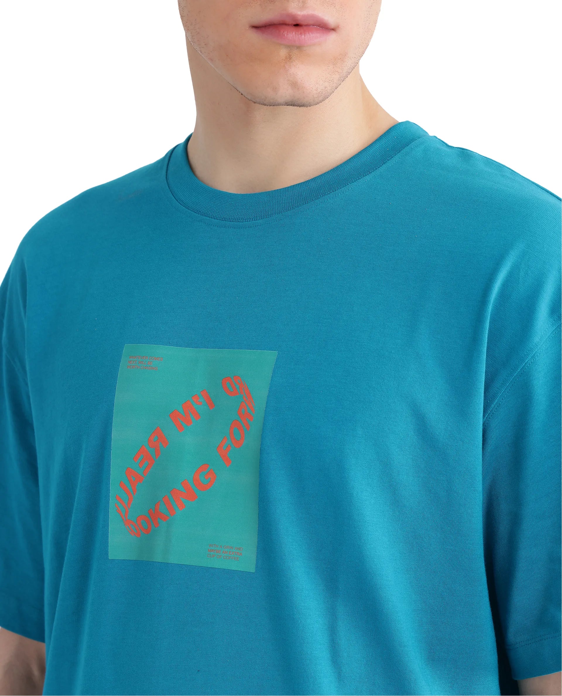 Rare Rabbit Men Just Teal Cotton Fabric Short Sleeve Crew Neck Graphic Print T-Shirt