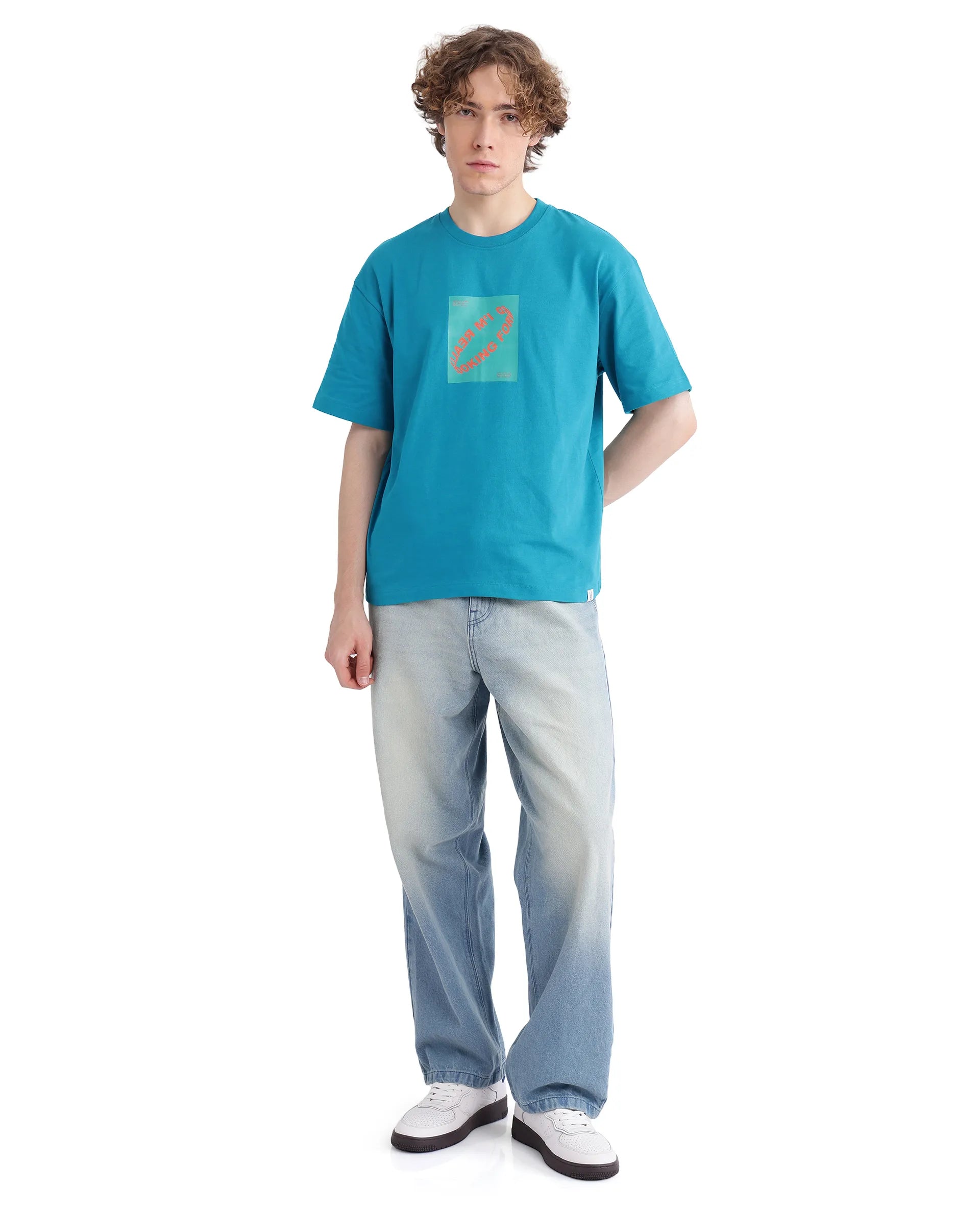 Rare Rabbit Men Just Teal Cotton Fabric Short Sleeve Crew Neck Graphic Print T-Shirt