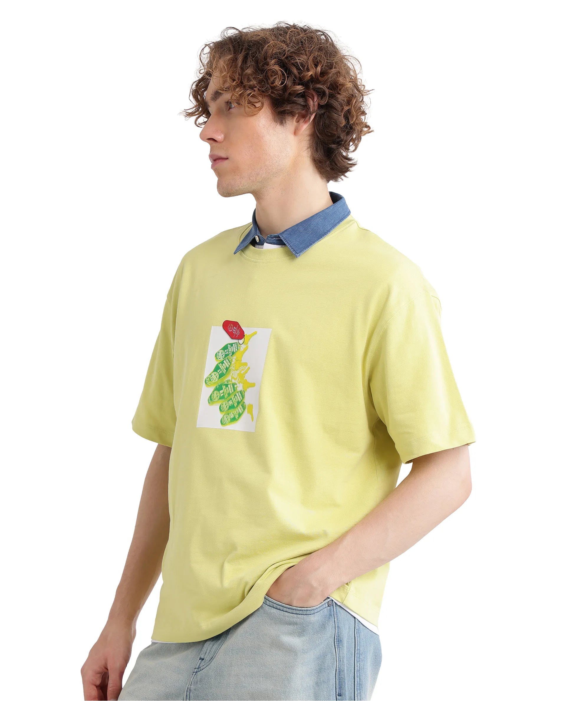 Rare Rabbit Men Just Light Yellow Cotton Fabric Short Sleeve Crew Neck Boxy Fit Graphic Print T-Shirt