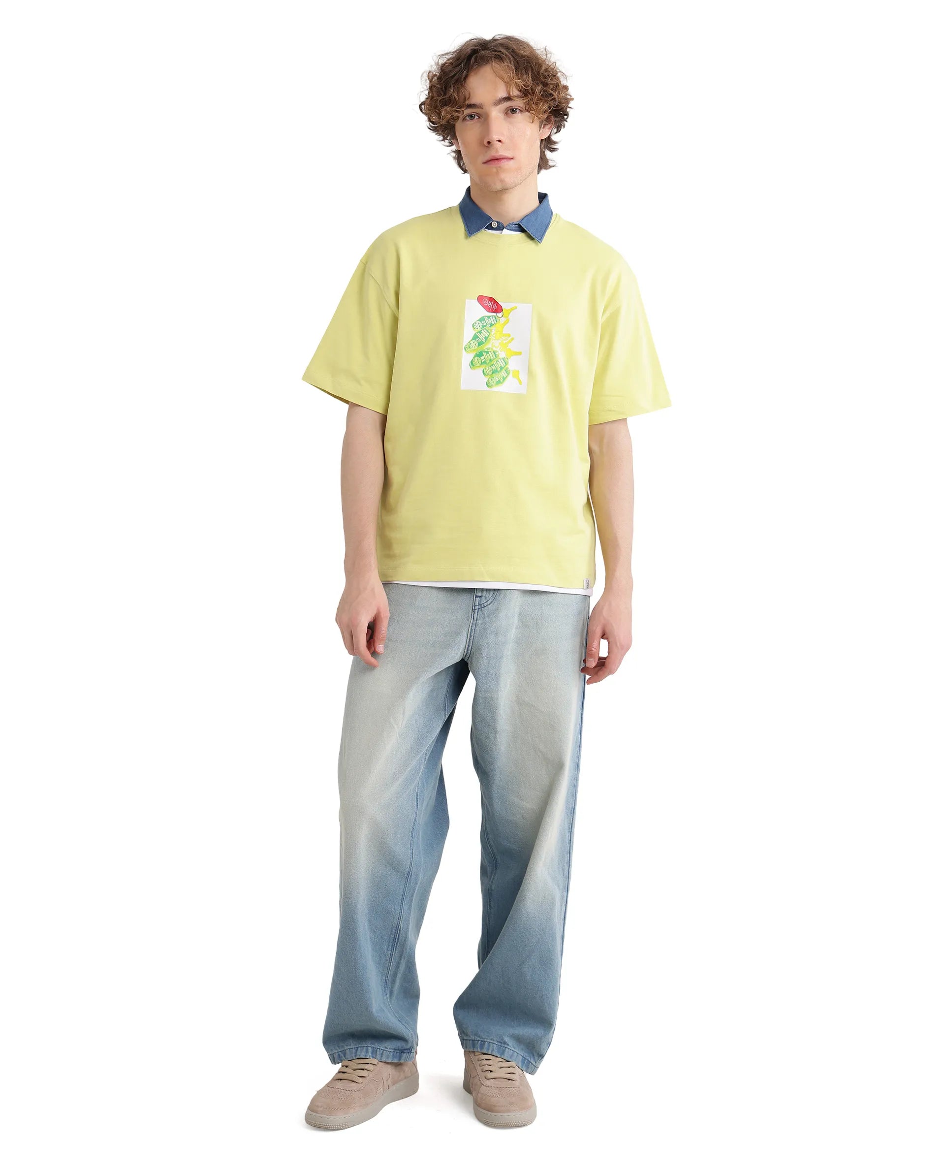 Rare Rabbit Men Just Light Yellow Cotton Fabric Short Sleeve Crew Neck Boxy Fit Graphic Print T-Shirt