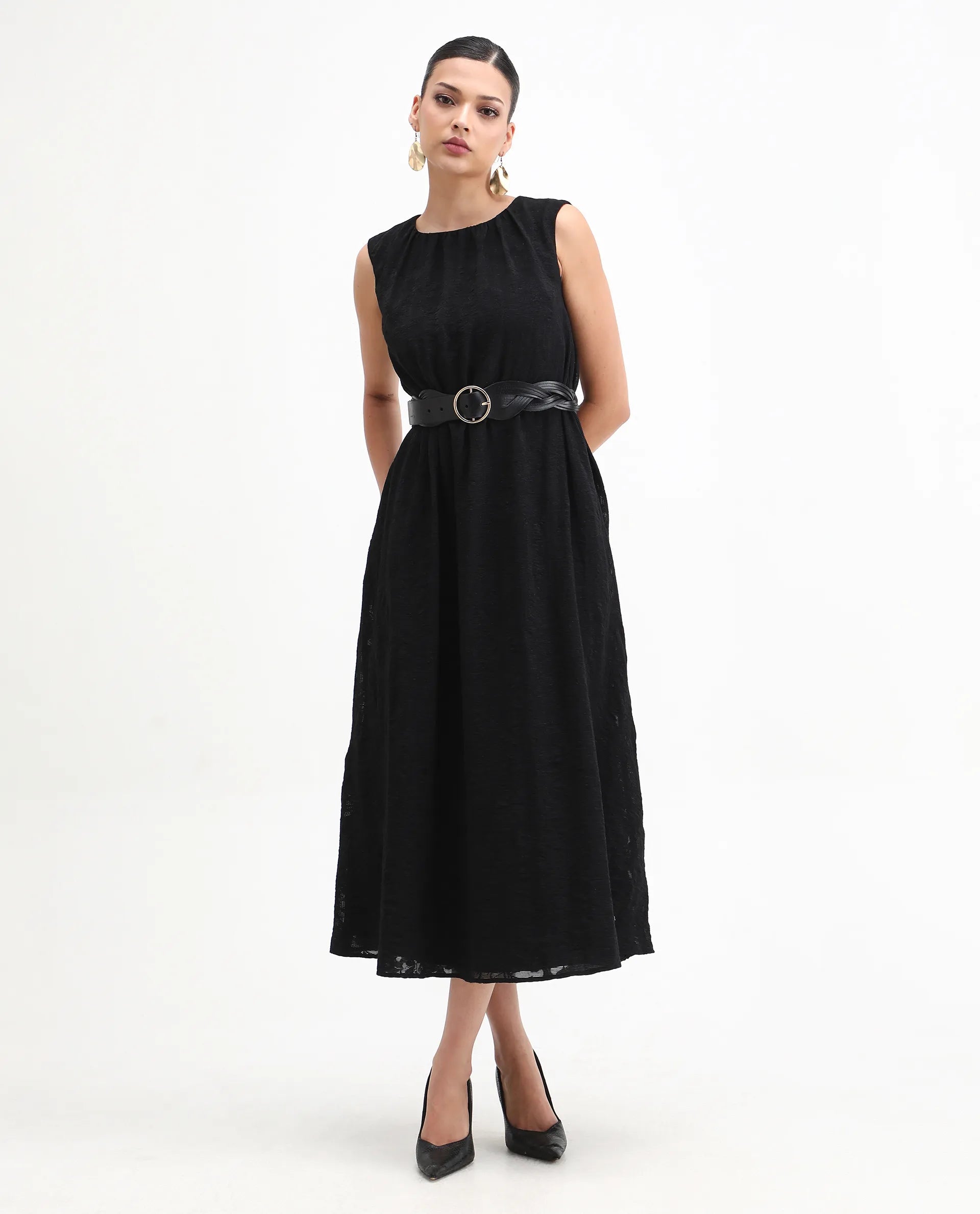 Rareism Women's Juten Black Nylon Blend Sleeveless Crew Neck Flared Fit Plain Dress