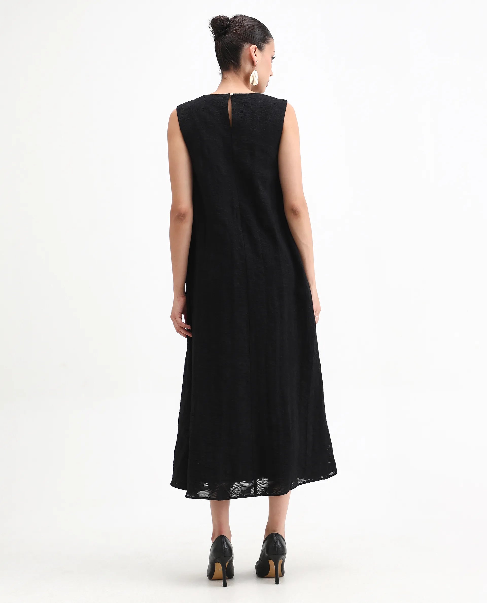 Rareism Women's Juten Black Nylon Blend Sleeveless Crew Neck Flared Fit Plain Dress