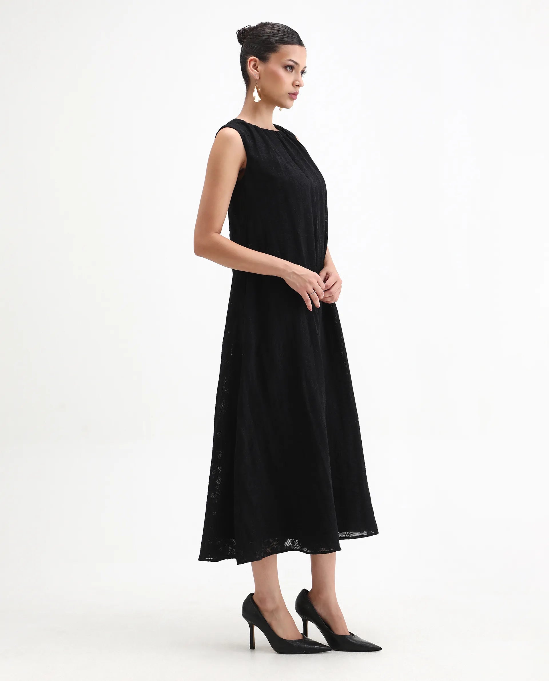 Rareism Women's Juten Black Nylon Blend Sleeveless Crew Neck Flared Fit Plain Dress