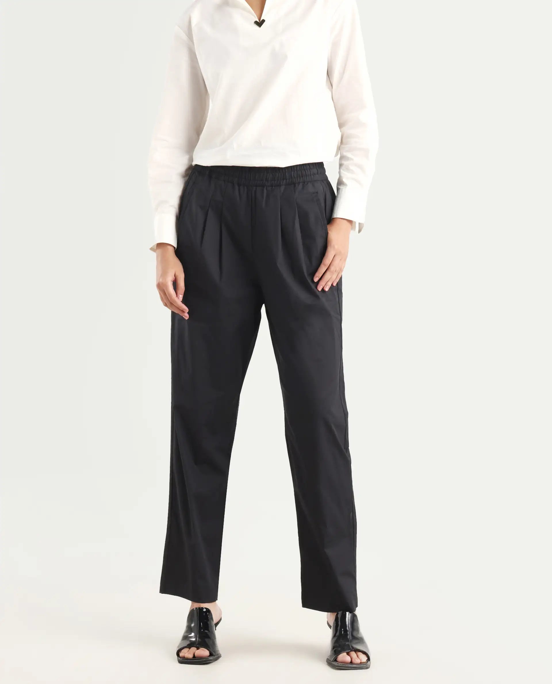 Rareism Women's Juven Black Polyester Blend Plain Ankle Length Tapered Trouser