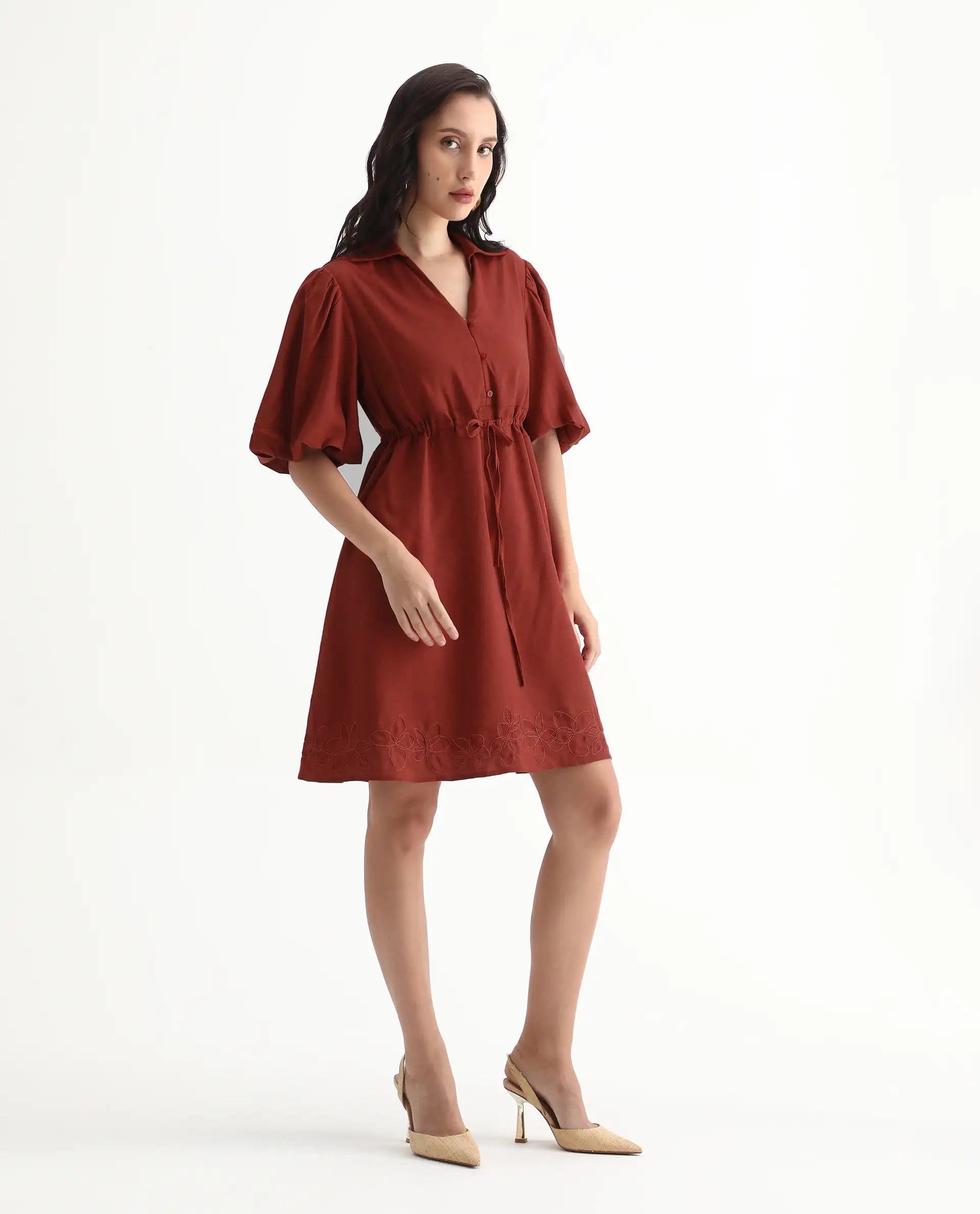 Rareism Women's Juvix Rust Viscose Blend Jonny Collar Fit And Flare Plain Dress