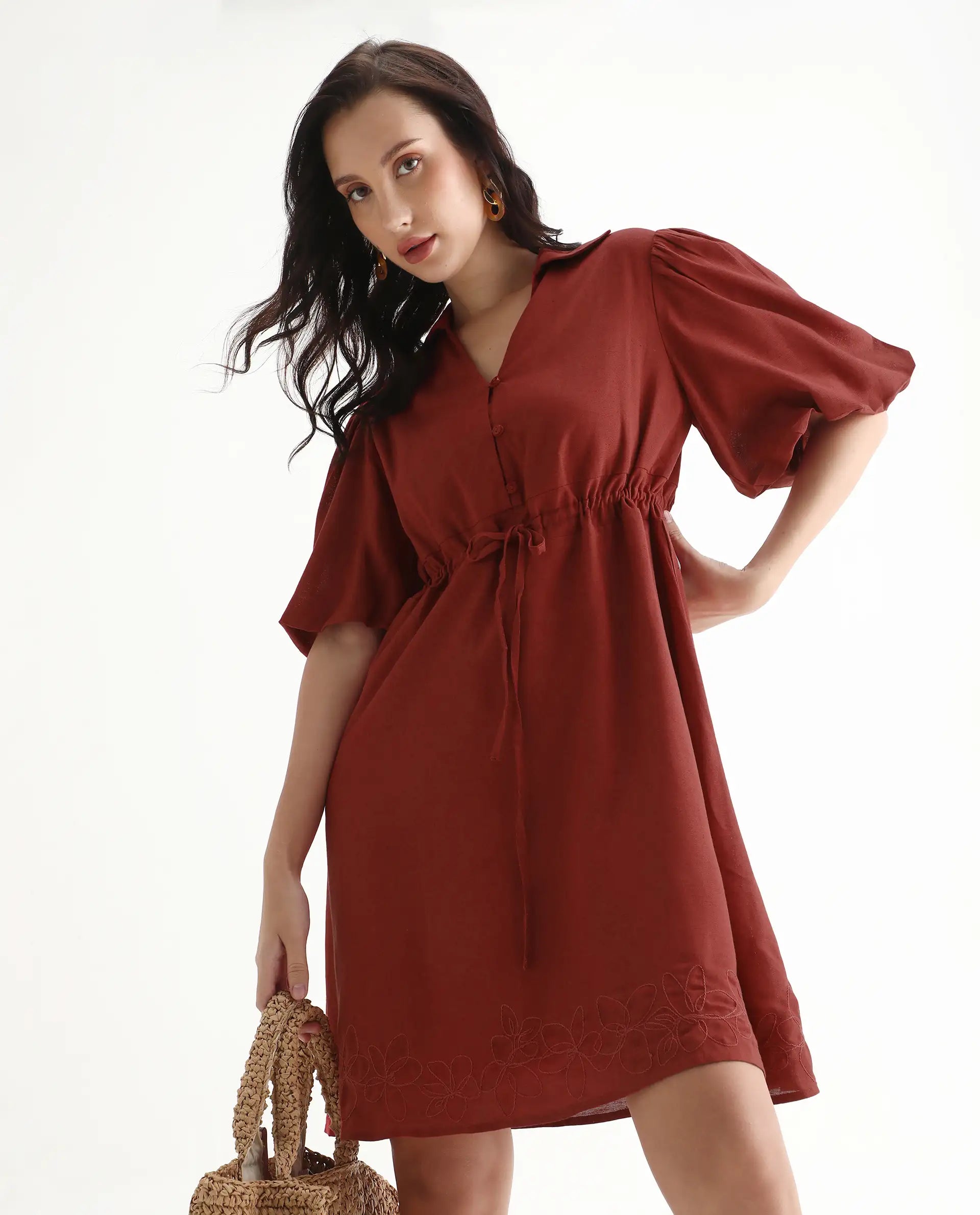 Rareism Women's Juvix Rust Viscose Blend Jonny Collar Fit And Flare Plain Dress