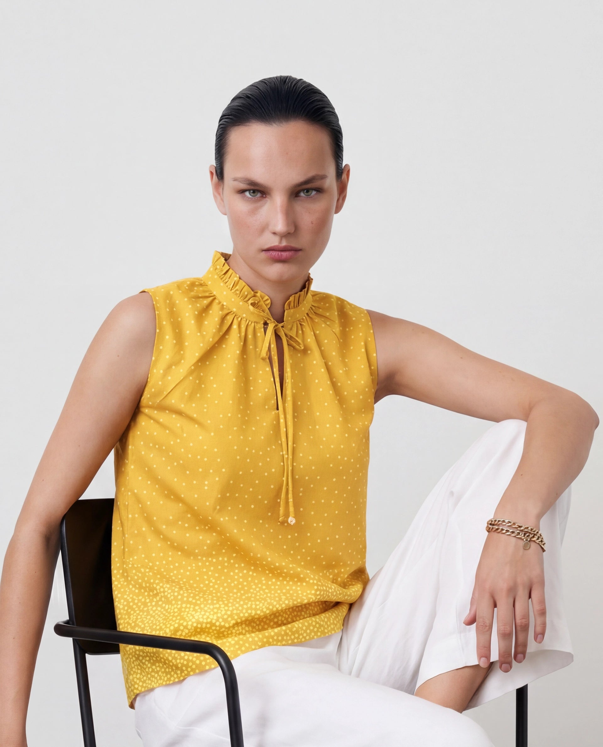 Rareism Women's Janlepo Mustard Cotton Band Collar Polka Print Sleeveless Regular Fit Top