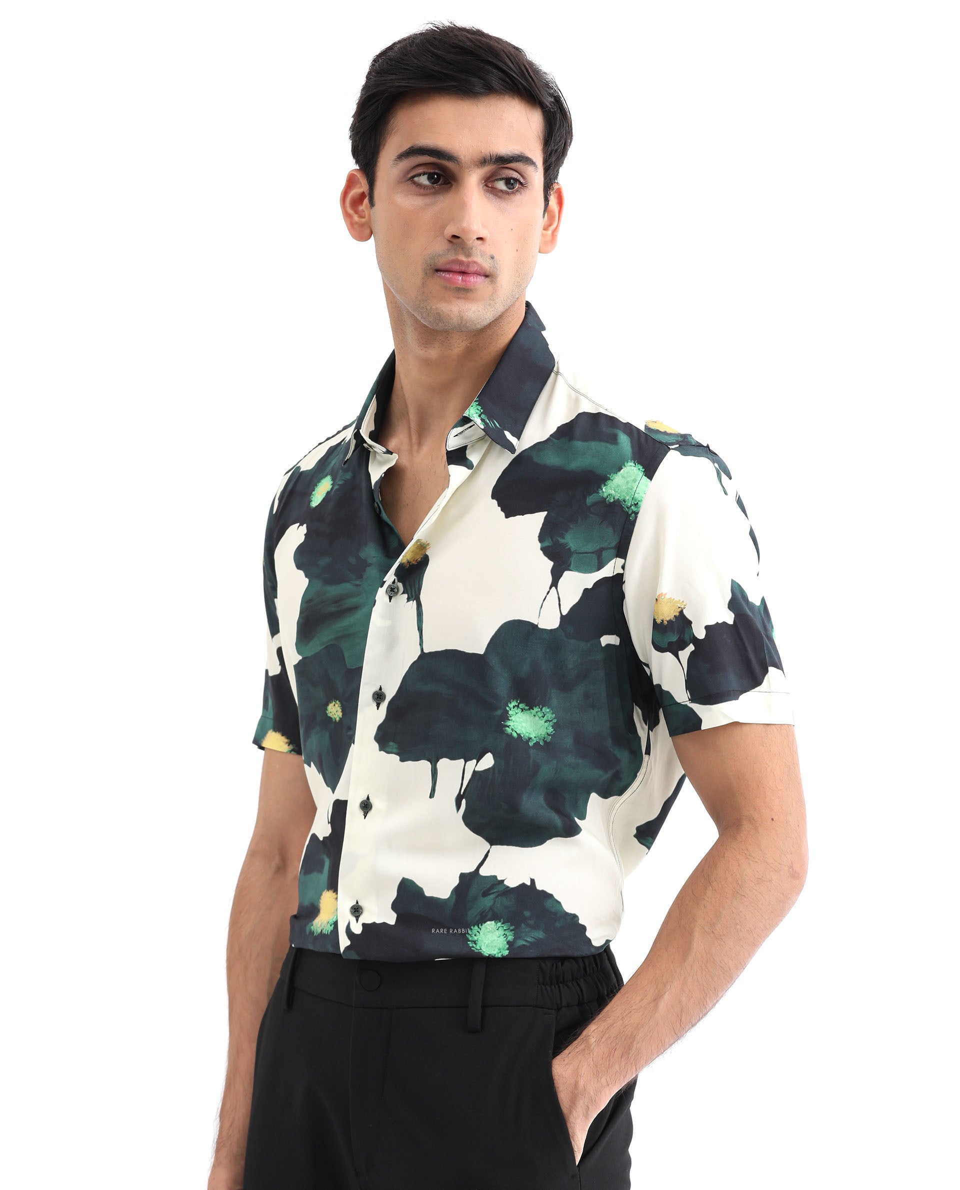 Rare Rabbit Men's Jersey Green Cotton Fabric Floral Print Half Sleeves Shirt
