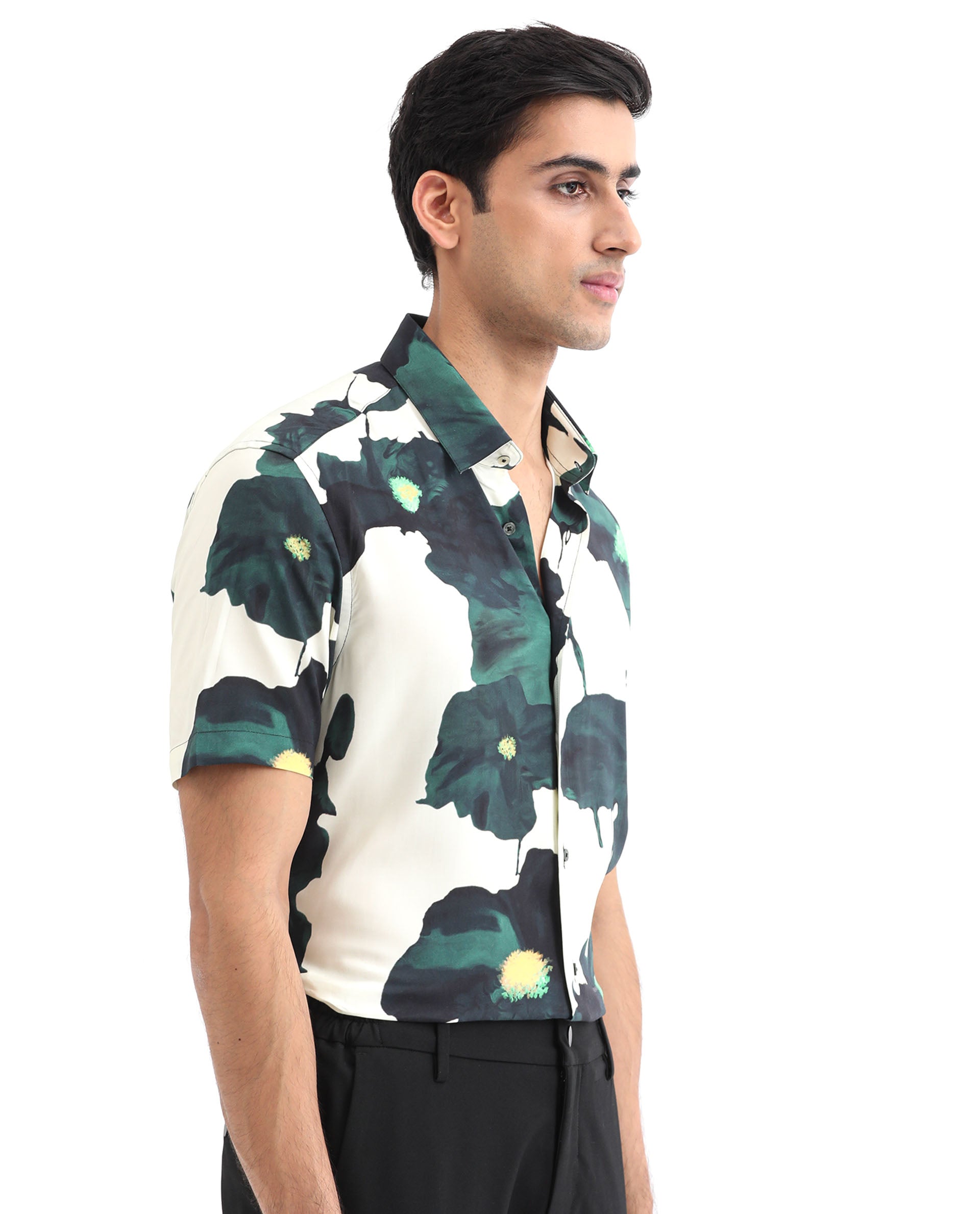 Rare Rabbit Men's Jersey Green Cotton Fabric Floral Print Half Sleeves Shirt