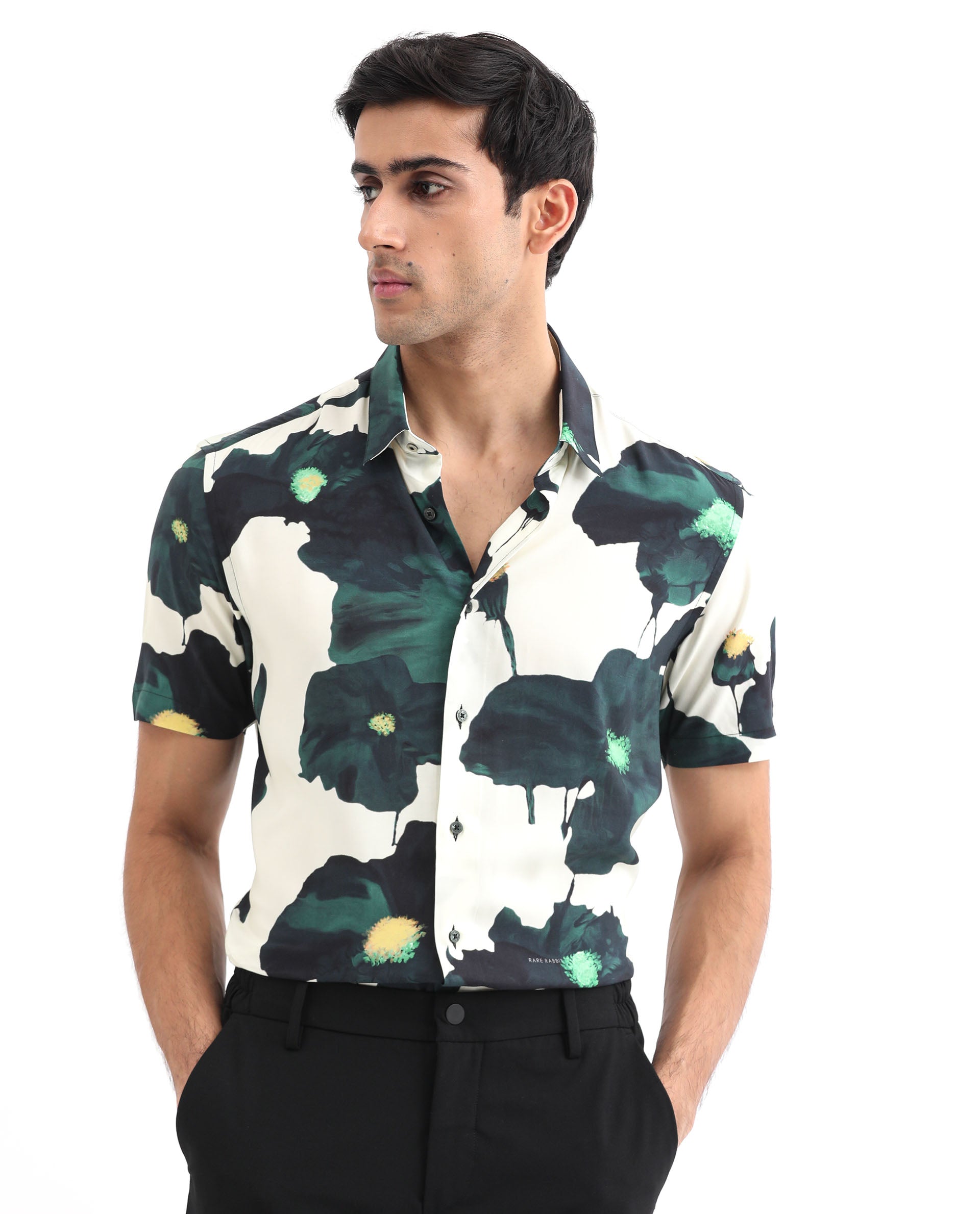 Rare Rabbit Men's Jersey Green Cotton Fabric Floral Print Half Sleeves Shirt