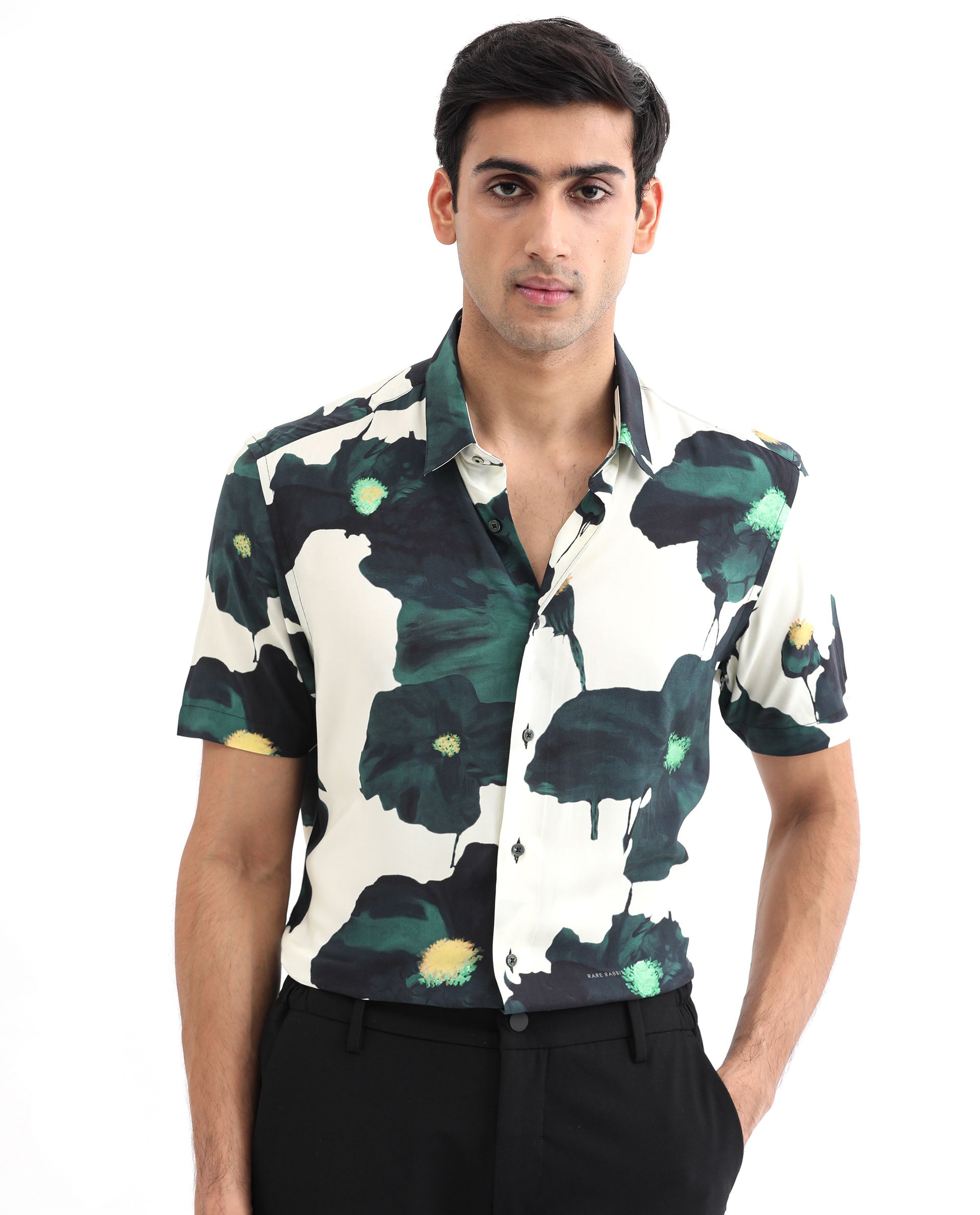 Rare Rabbit Men's Jersey Green Cotton Fabric Floral Print Half Sleeves Shirt
