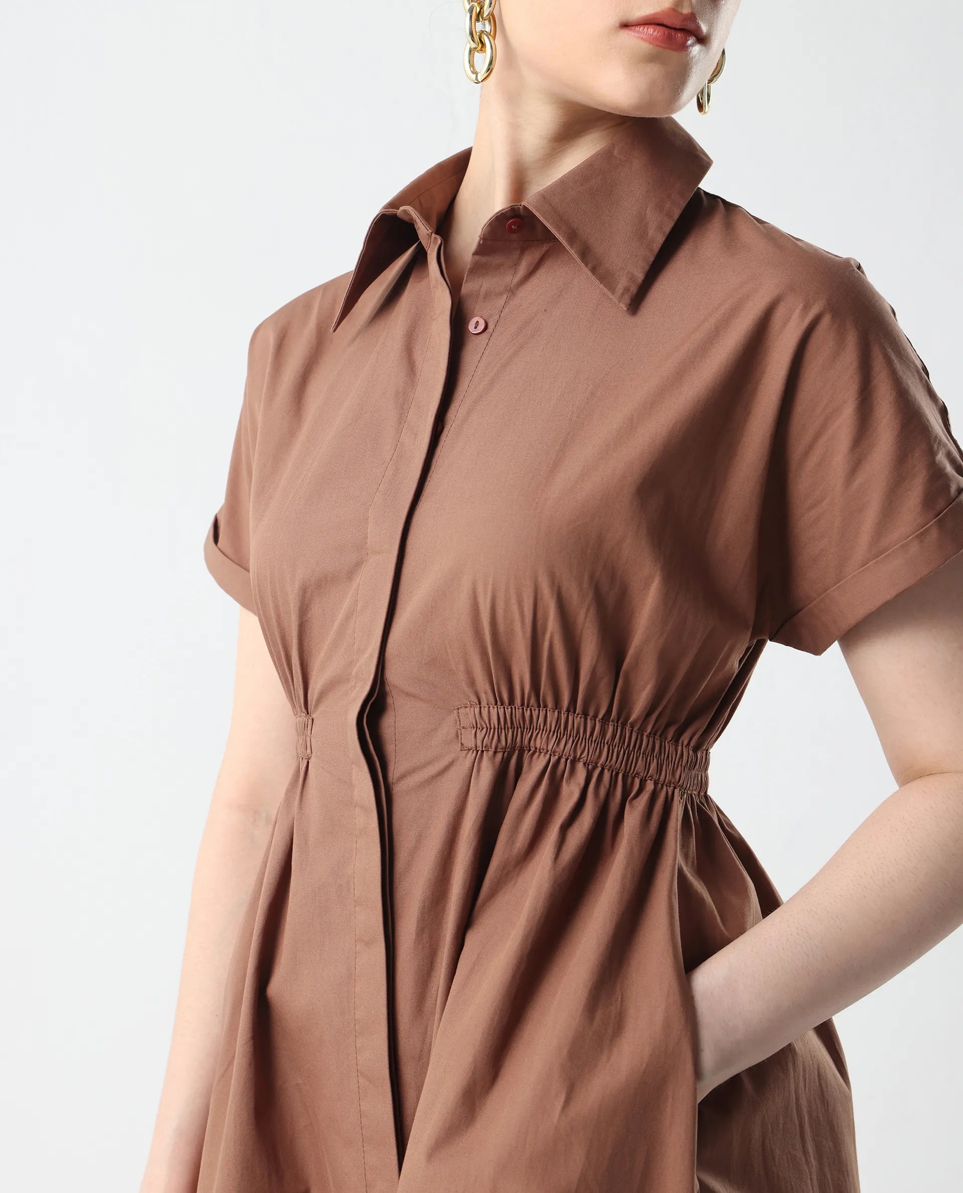 Rareism Women's Julu Light Brown Cotton Collared Neck Fit And Flare Plain Dress