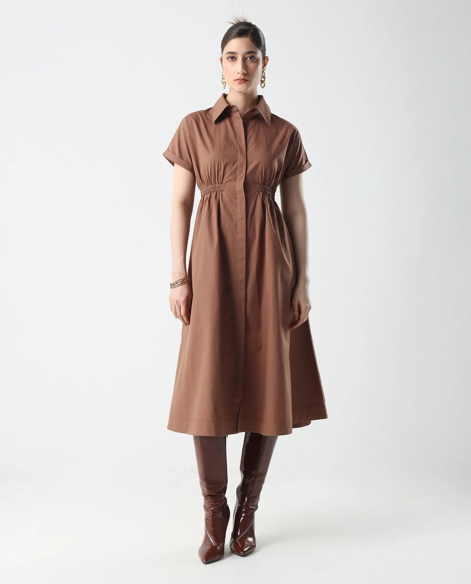 Rareism Women's Julu Light Brown Cotton Collared Neck Fit And Flare Plain Dress