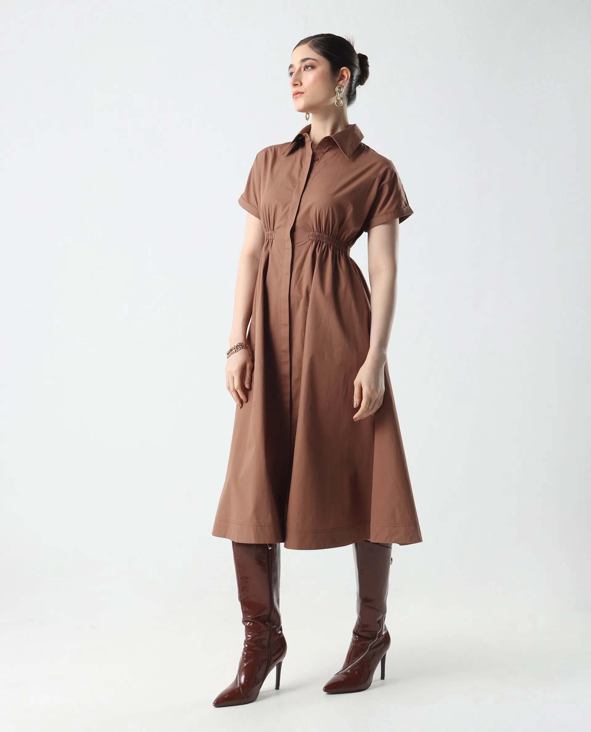 Rareism Women's Julu Light Brown Cotton Collared Neck Fit And Flare Plain Dress