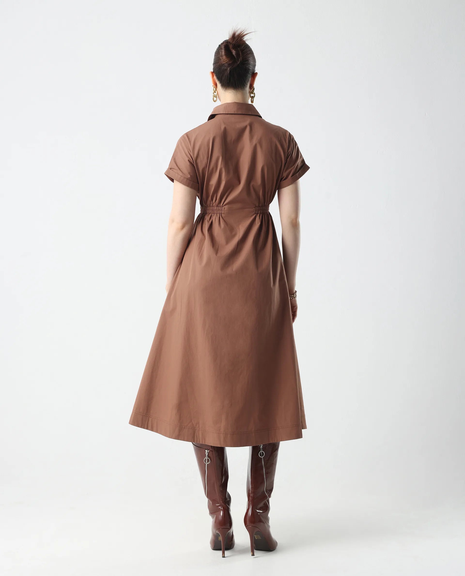 Rareism Women's Julu Light Brown Cotton Collared Neck Fit And Flare Plain Dress