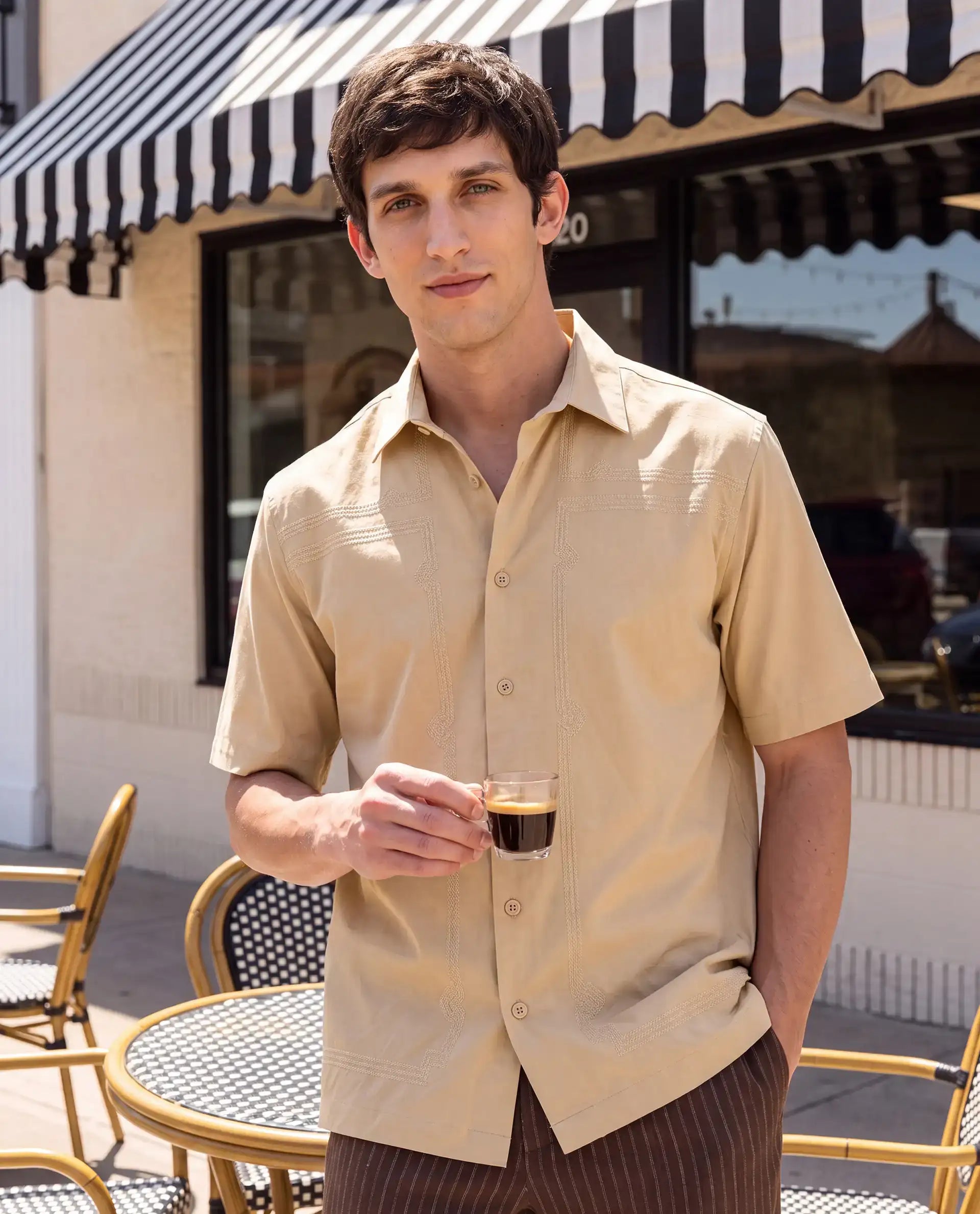 Rare Rabbit Men's Jupi Beige Cotton Fabric Spread Collar Regular Fit Embroidered Shirt