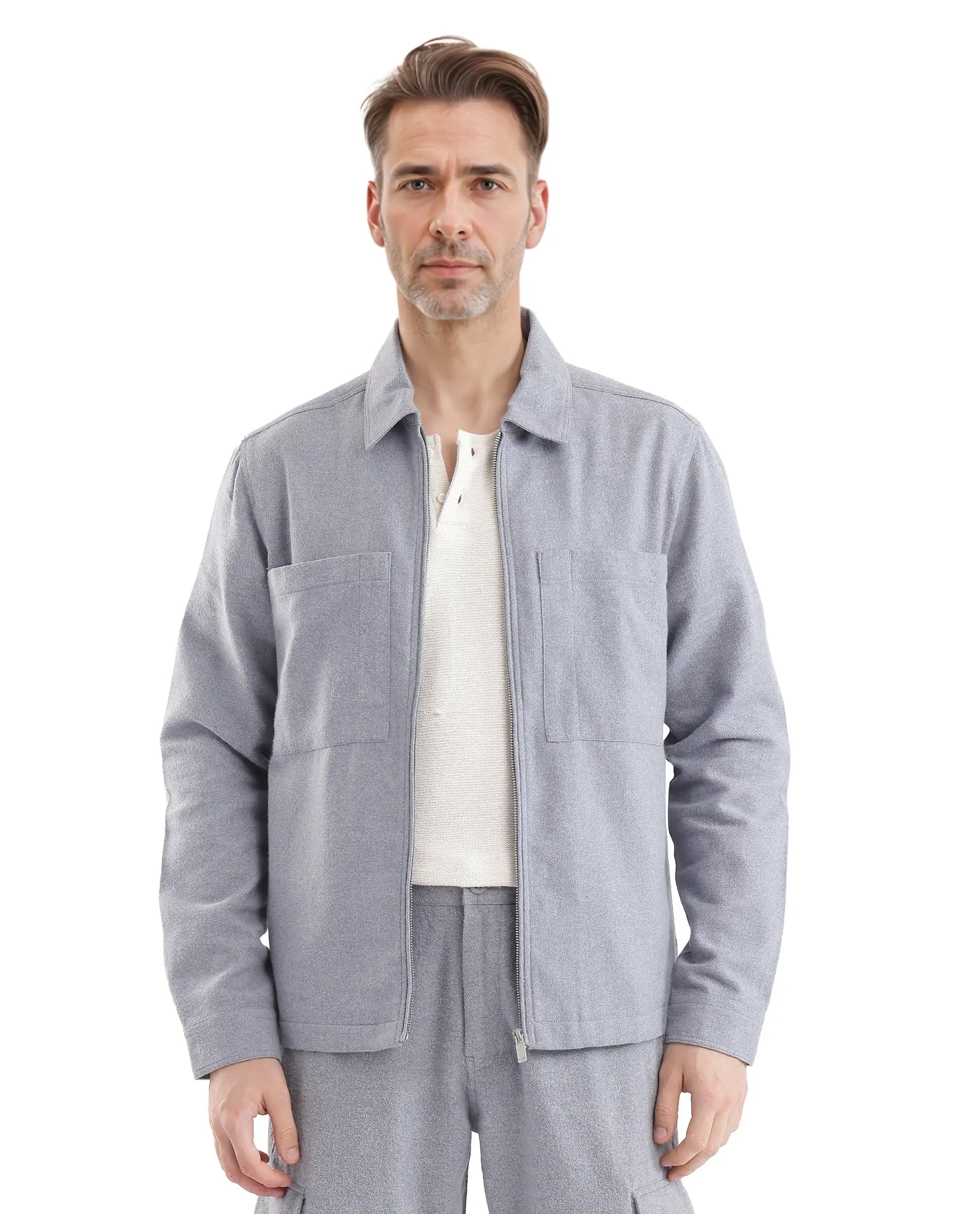 Rare Rabbit Men's Kaai Blue Polyester Nylon Fabric Full Sleeve Zipper Closure Regular Fit Plain Shacket