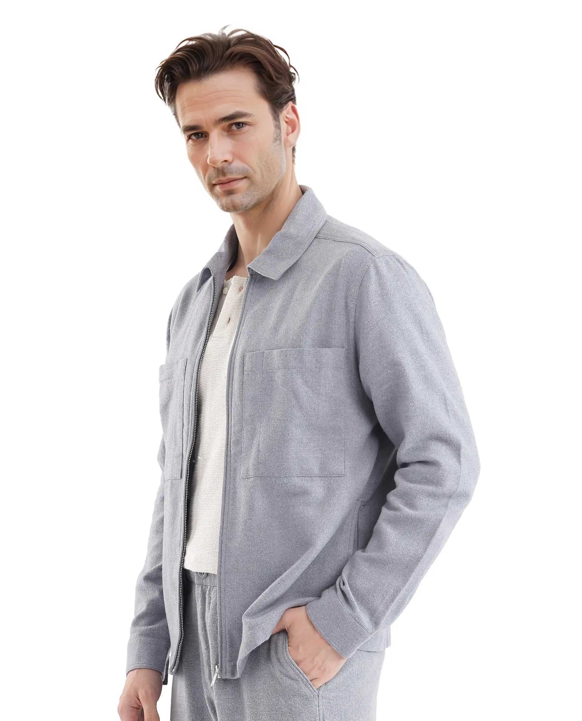 Rare Rabbit Men's Kaai Blue Polyester Nylon Fabric Full Sleeve Zipper Closure Regular Fit Plain Shacket