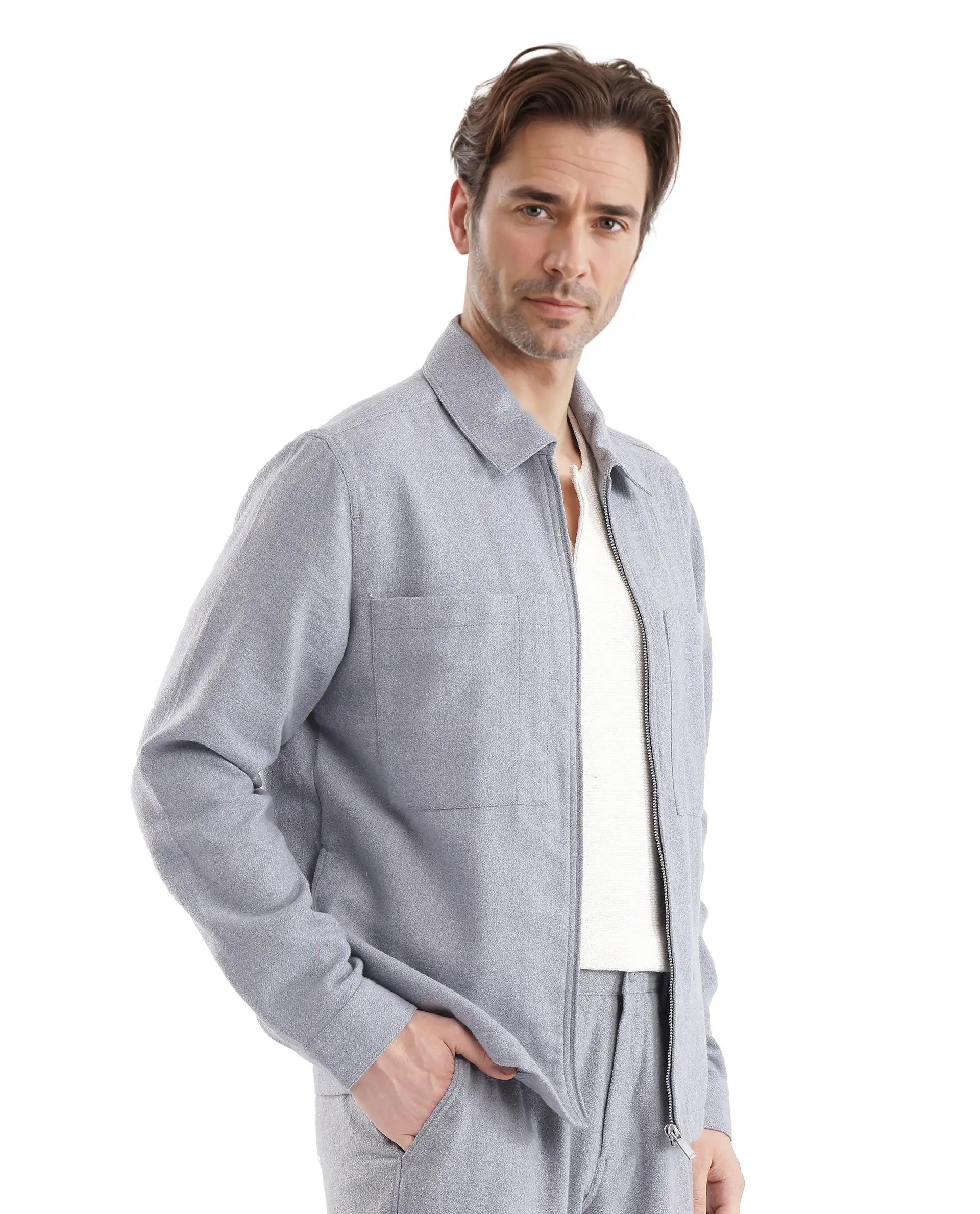 Rare Rabbit Men's Kaai Blue Polyester Nylon Fabric Full Sleeve Zipper Closure Regular Fit Plain Shacket