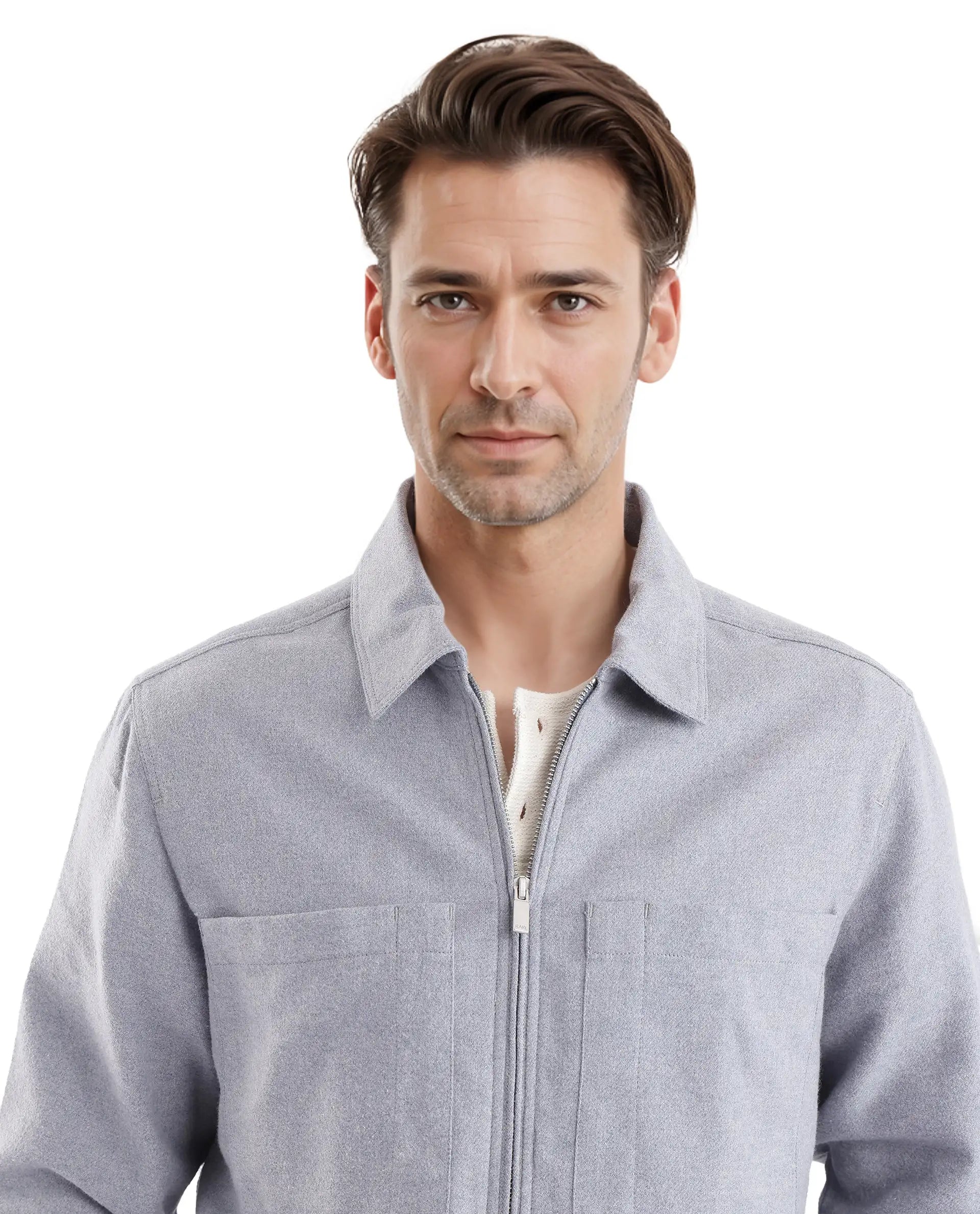 Rare Rabbit Men's Kaai Blue Polyester Nylon Fabric Full Sleeve Zipper Closure Regular Fit Plain Shacket