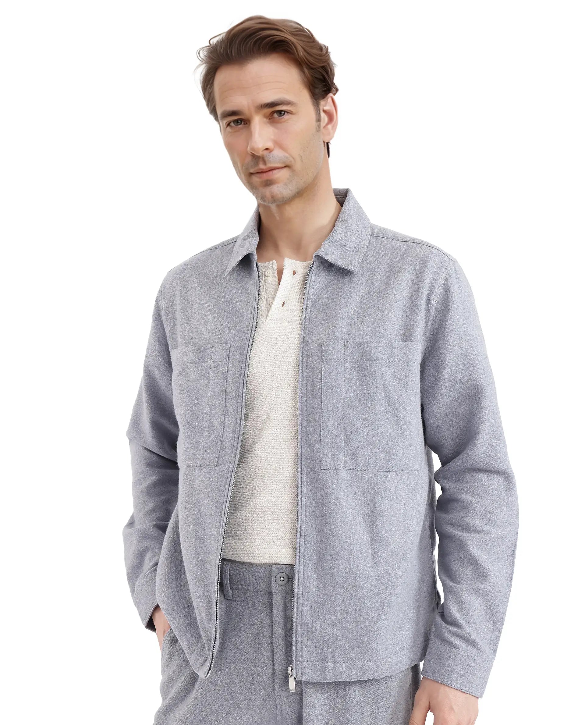 Rare Rabbit Men's Kaai Blue Polyester Nylon Fabric Full Sleeve Zipper Closure Regular Fit Plain Shacket