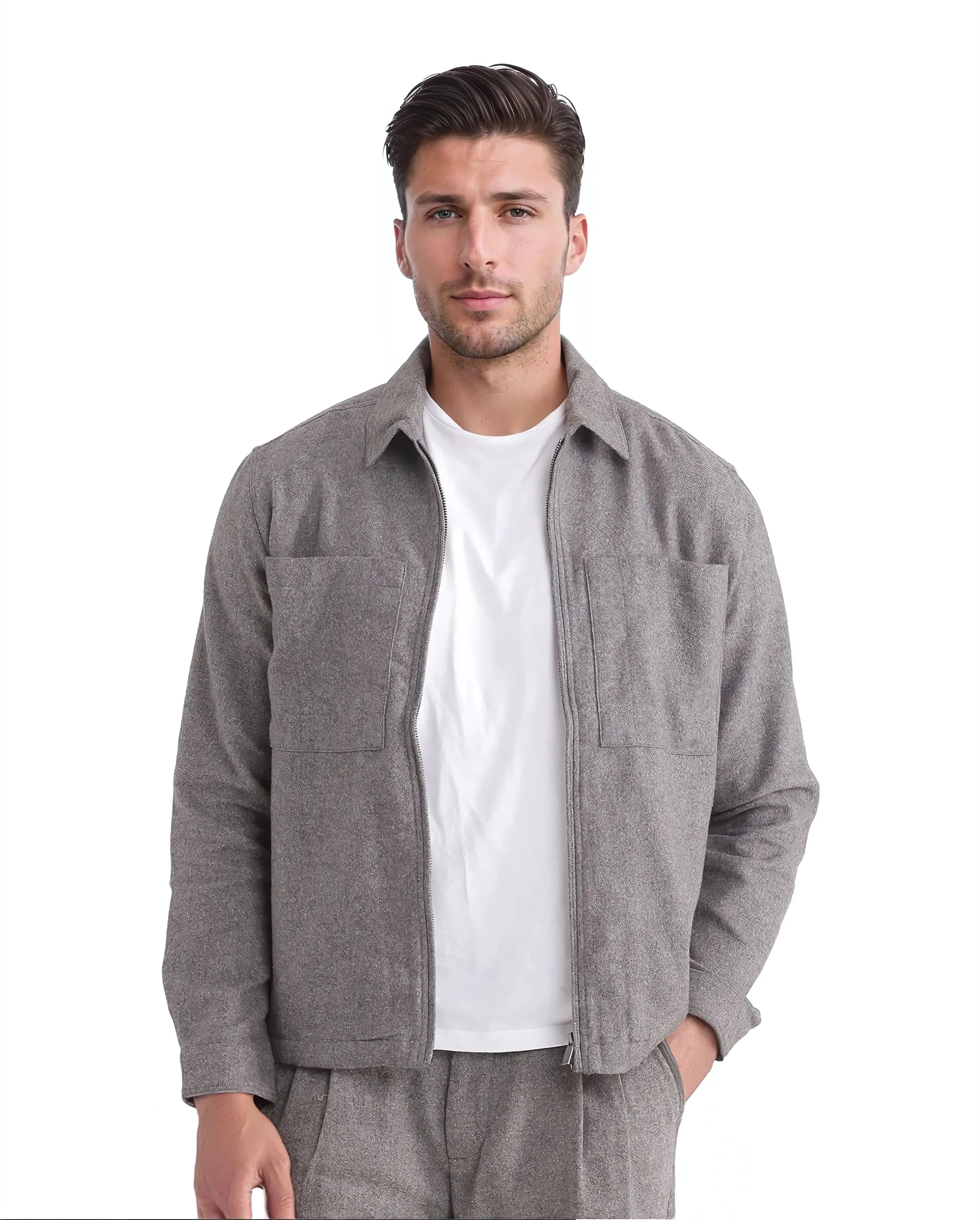 Rare Rabbit Men's Kaai Dark Grey Polyester Nylon Fabric Full Sleeve Zipper Closure Regular Fit Plain Shacket