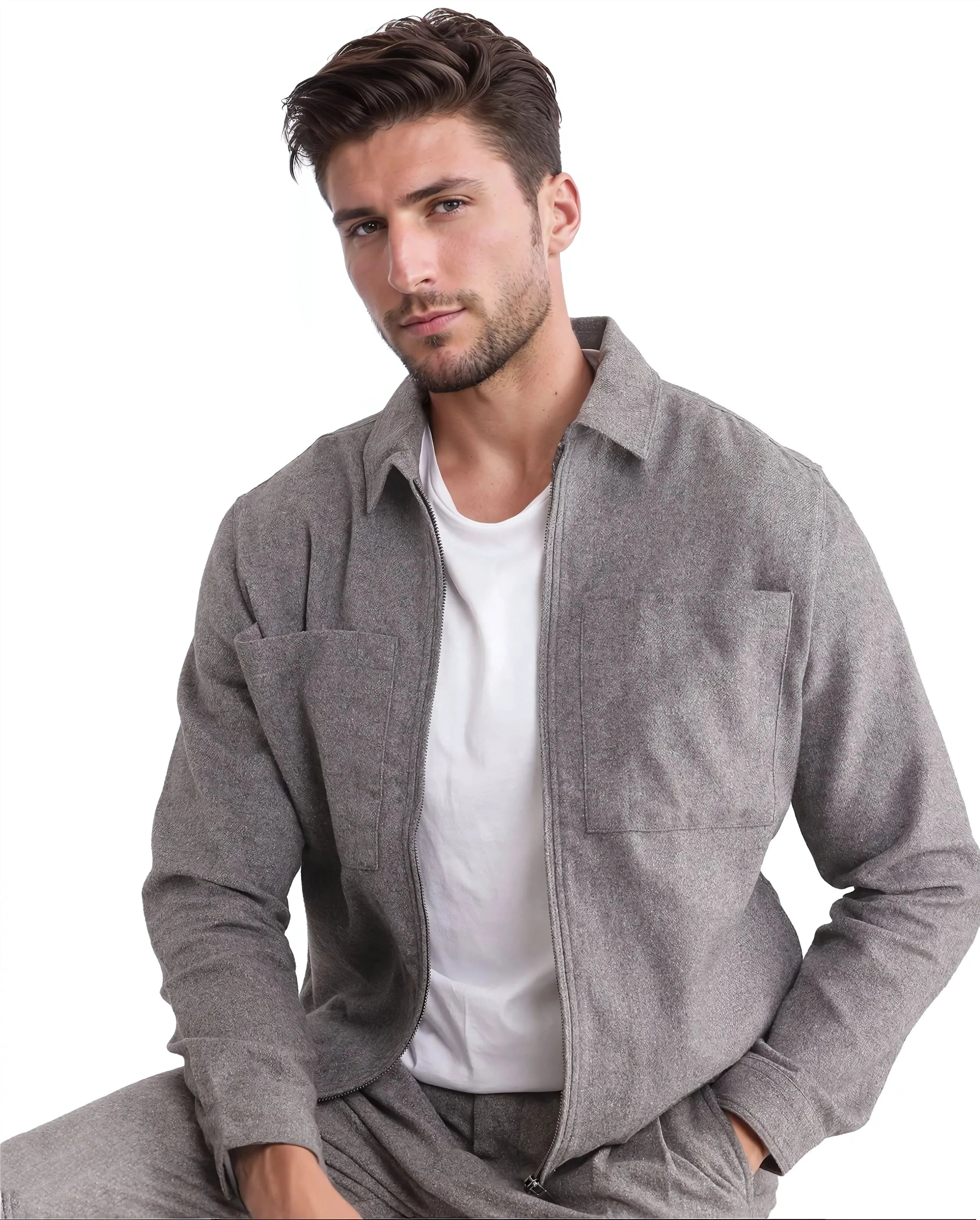 Rare Rabbit Men's Kaai Dark Grey Polyester Nylon Fabric Full Sleeve Zipper Closure Regular Fit Plain Shacket