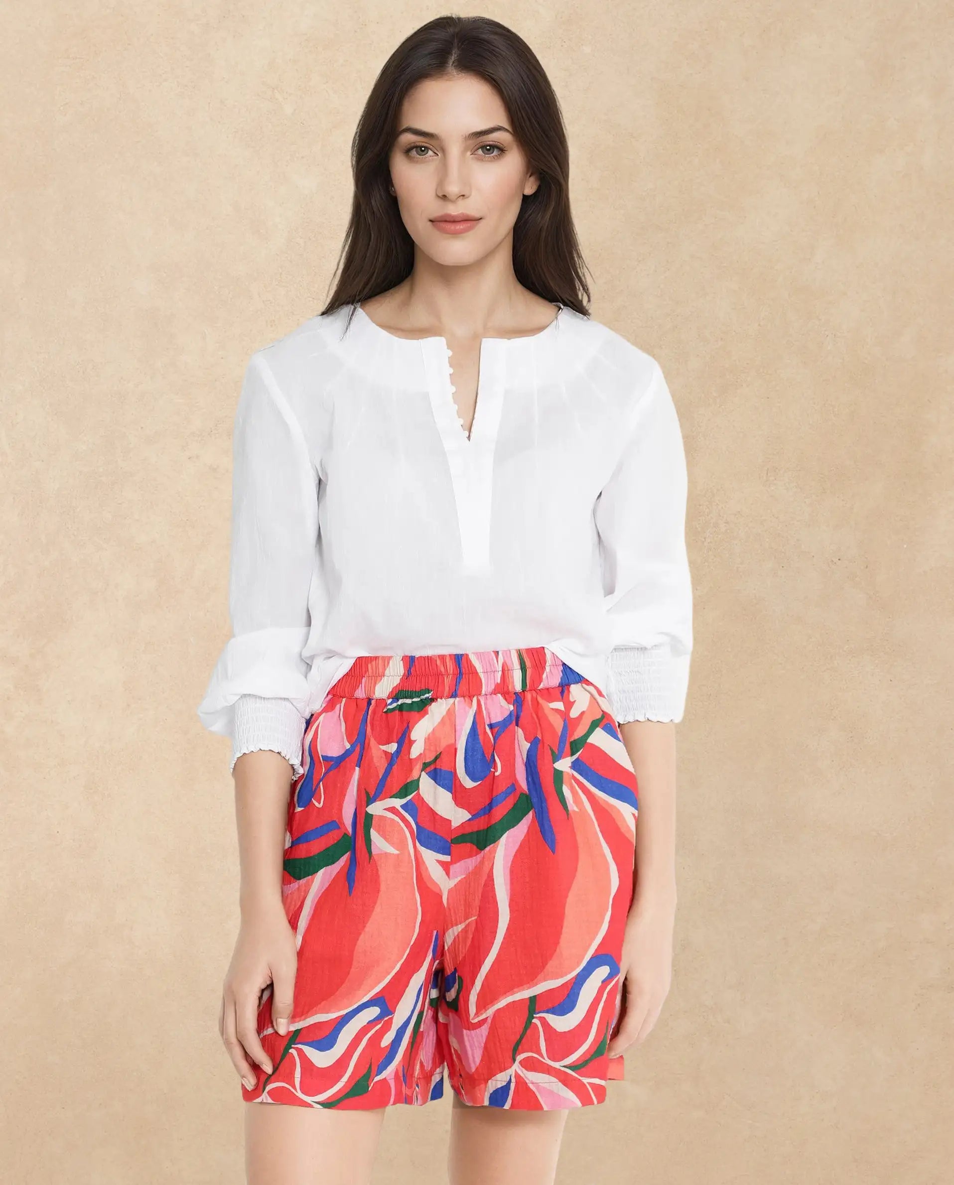 Rareism Women Kabuto-B Multi Cotton Fabric Relaxed Fit Mini Abstract Print Shorts