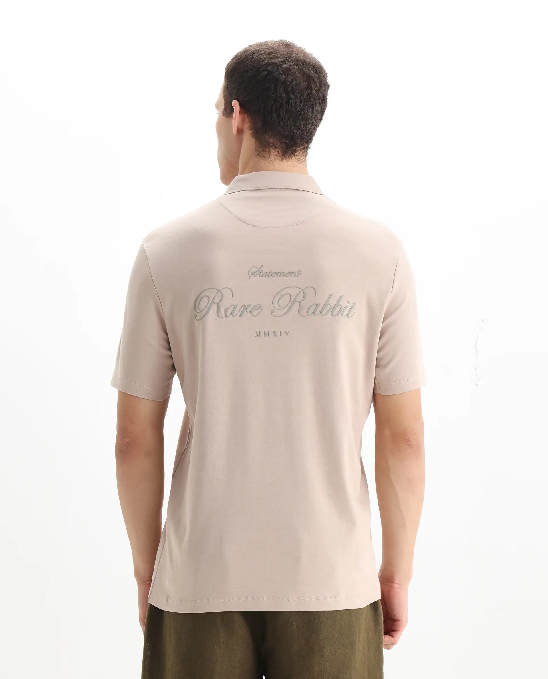 Rare Rabbit Men's Kace Beige Cotton Plain Oversized Fit Half Sleeve Polo
