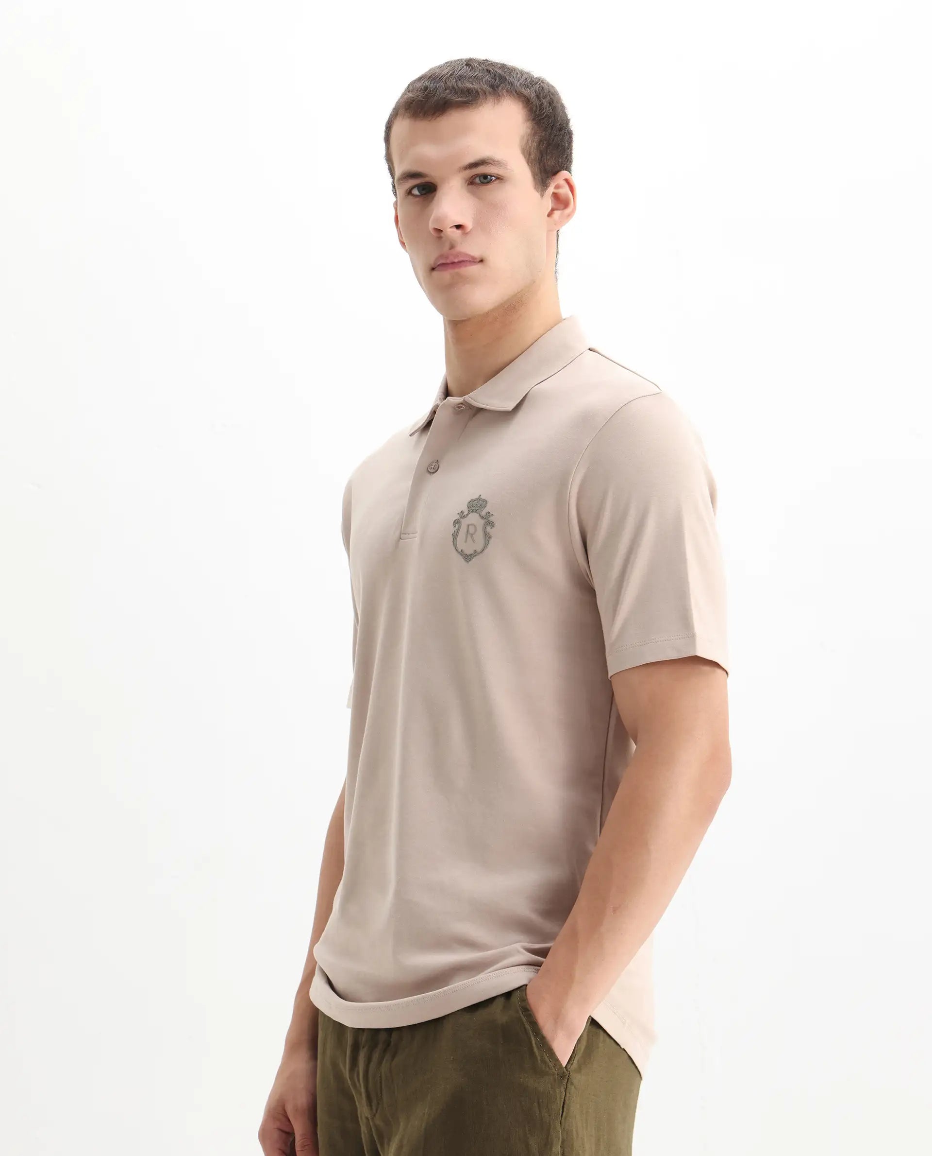 Rare Rabbit Men's Kace Beige Cotton Plain Oversized Fit Half Sleeve Polo